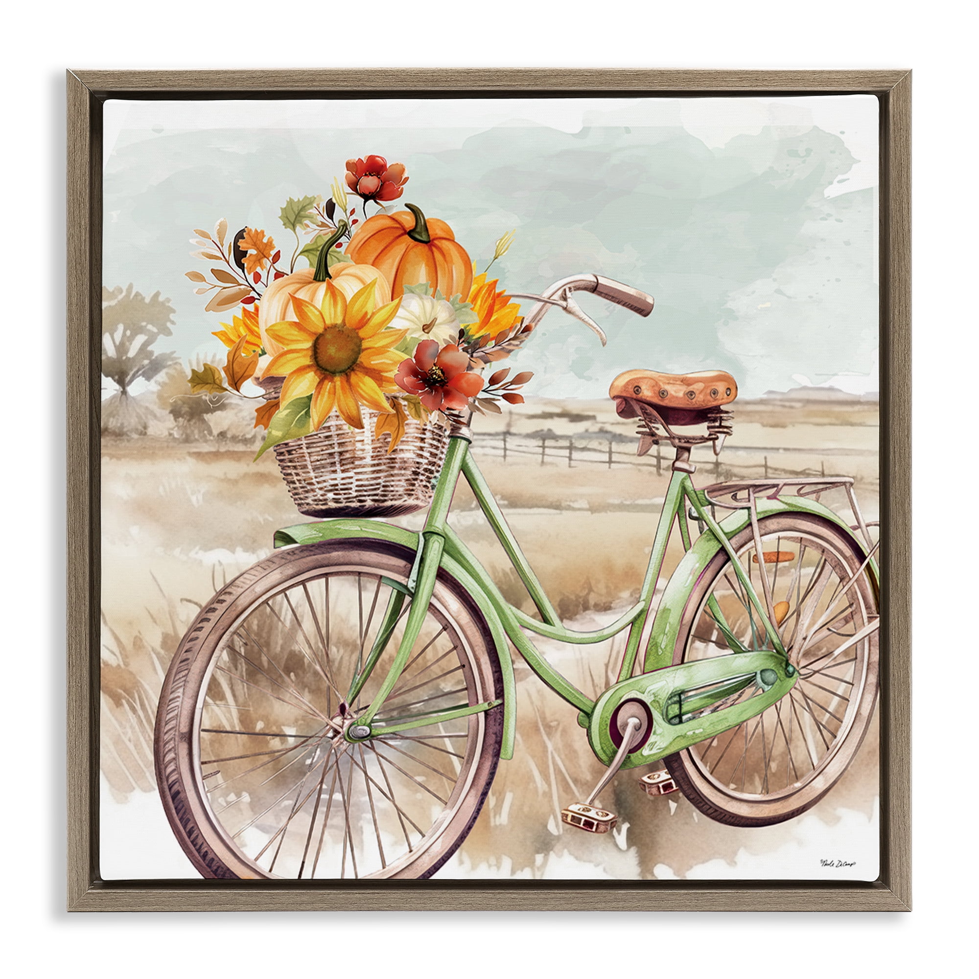 Stupell Industries Fall Florals Bicycle Botanical & Floral Painting Brown Floater Framed Canvas Art Prints Wall Art, 25 x 25