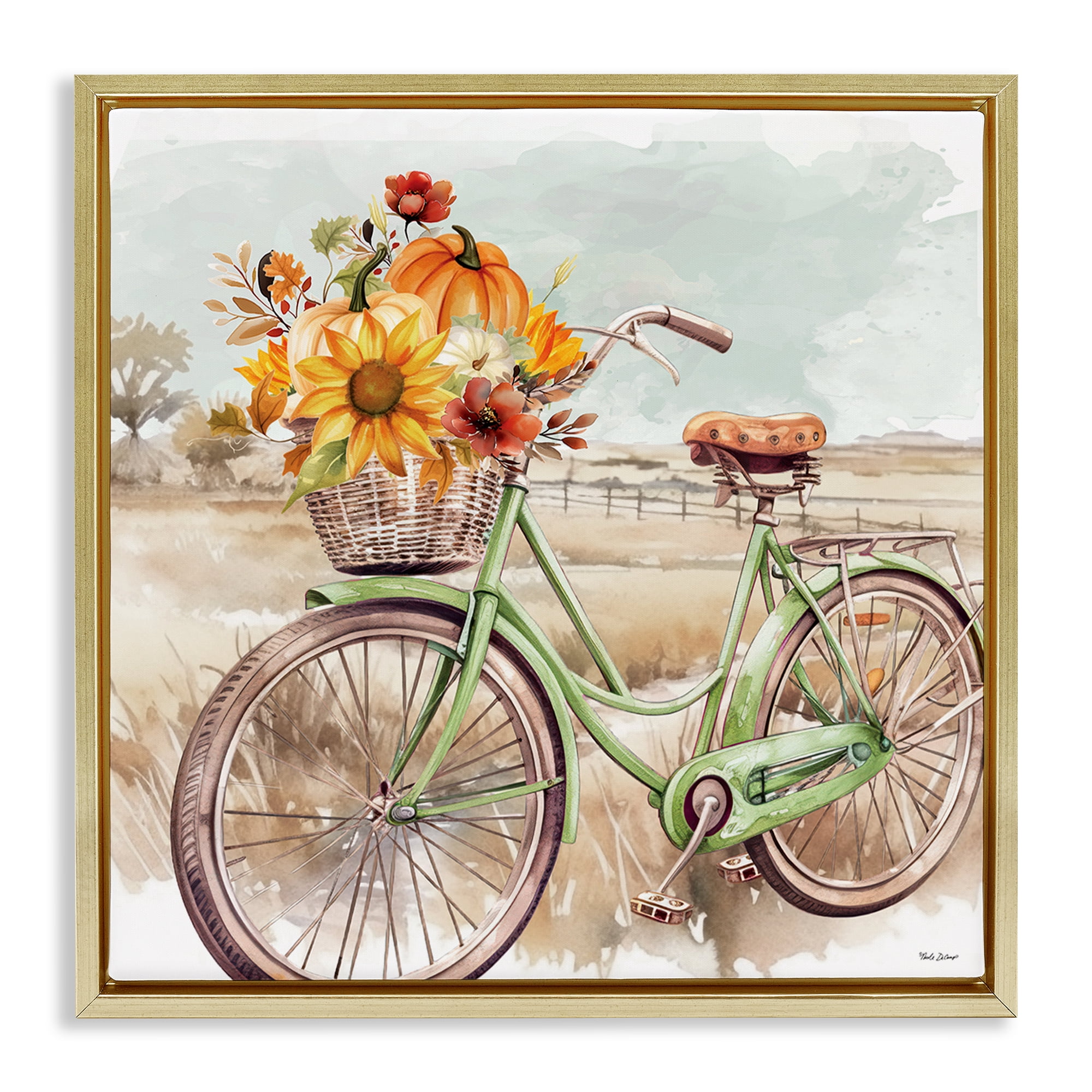Stupell Industries Fall Florals Bicycle Botanical & Floral Painting Gold Floater Framed Canvas Art Prints Wall Art, 18 x 18
