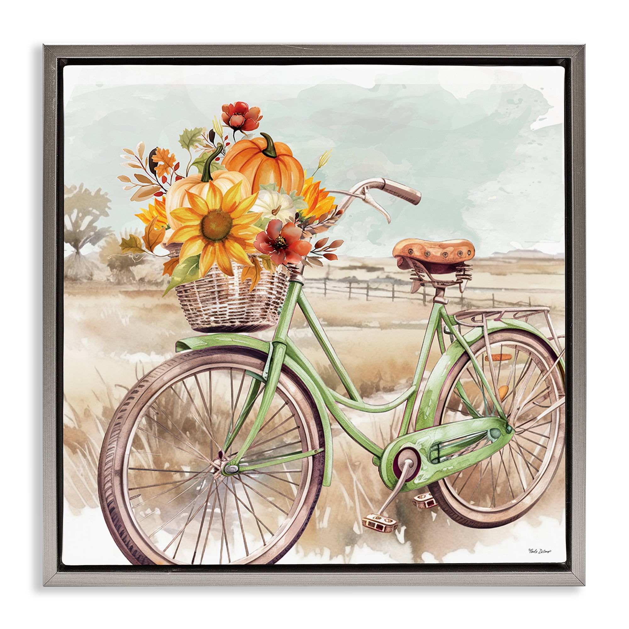 Stupell Industries Fall Florals Bicycle Botanical & Floral Painting Gray Floater Framed Canvas Art Prints Wall Art, 18 x 18