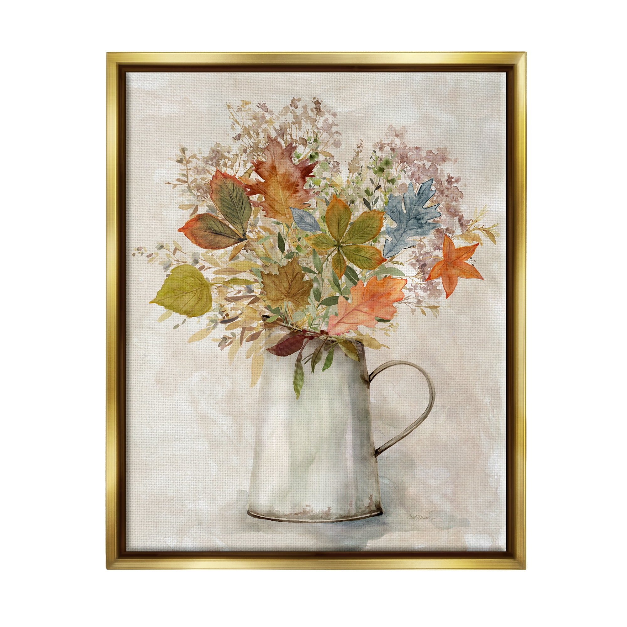Stupell Industries Fall Florals Country Jug Botanical & Floral Painting Gold Floater Framed Canvas Art Print Wall Art, 17 x 21