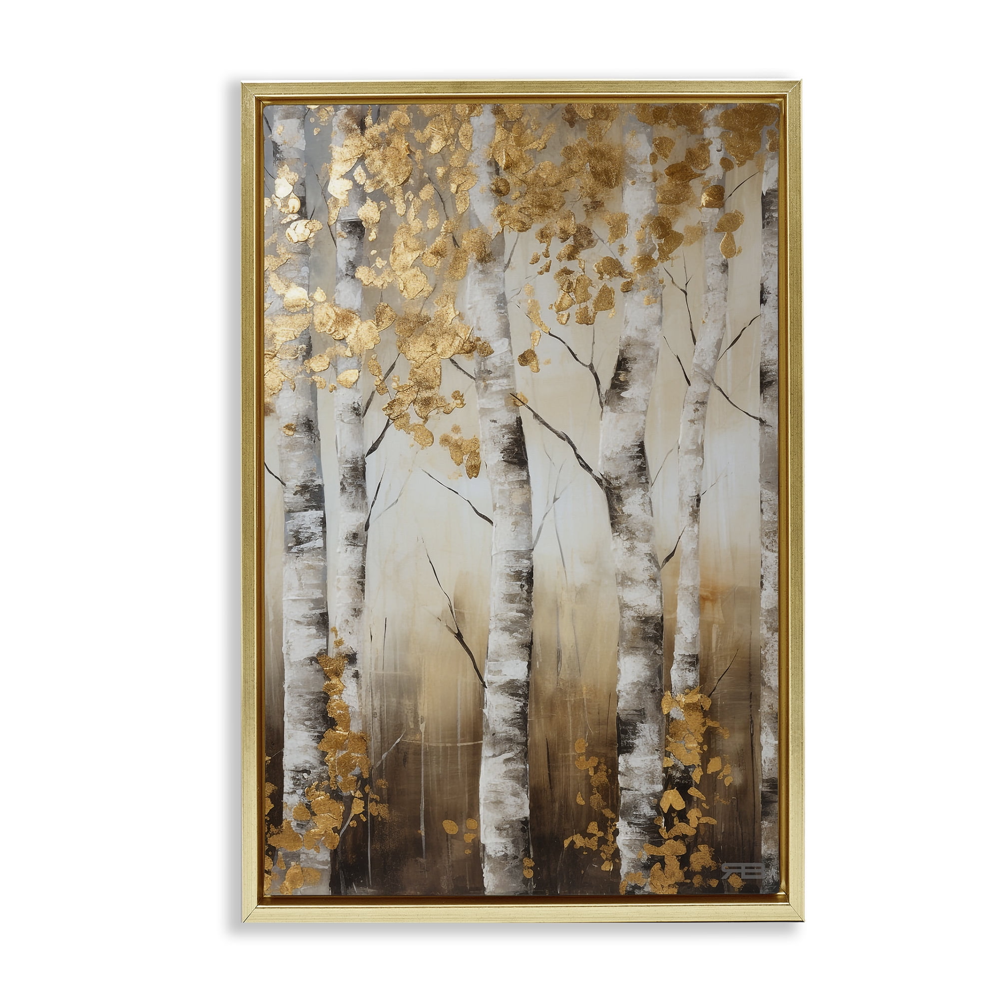 Stupell Industries Fall Foliage Birch Landscape Painting Gold Floater Framed Art Print Wall Art, 17 x 25