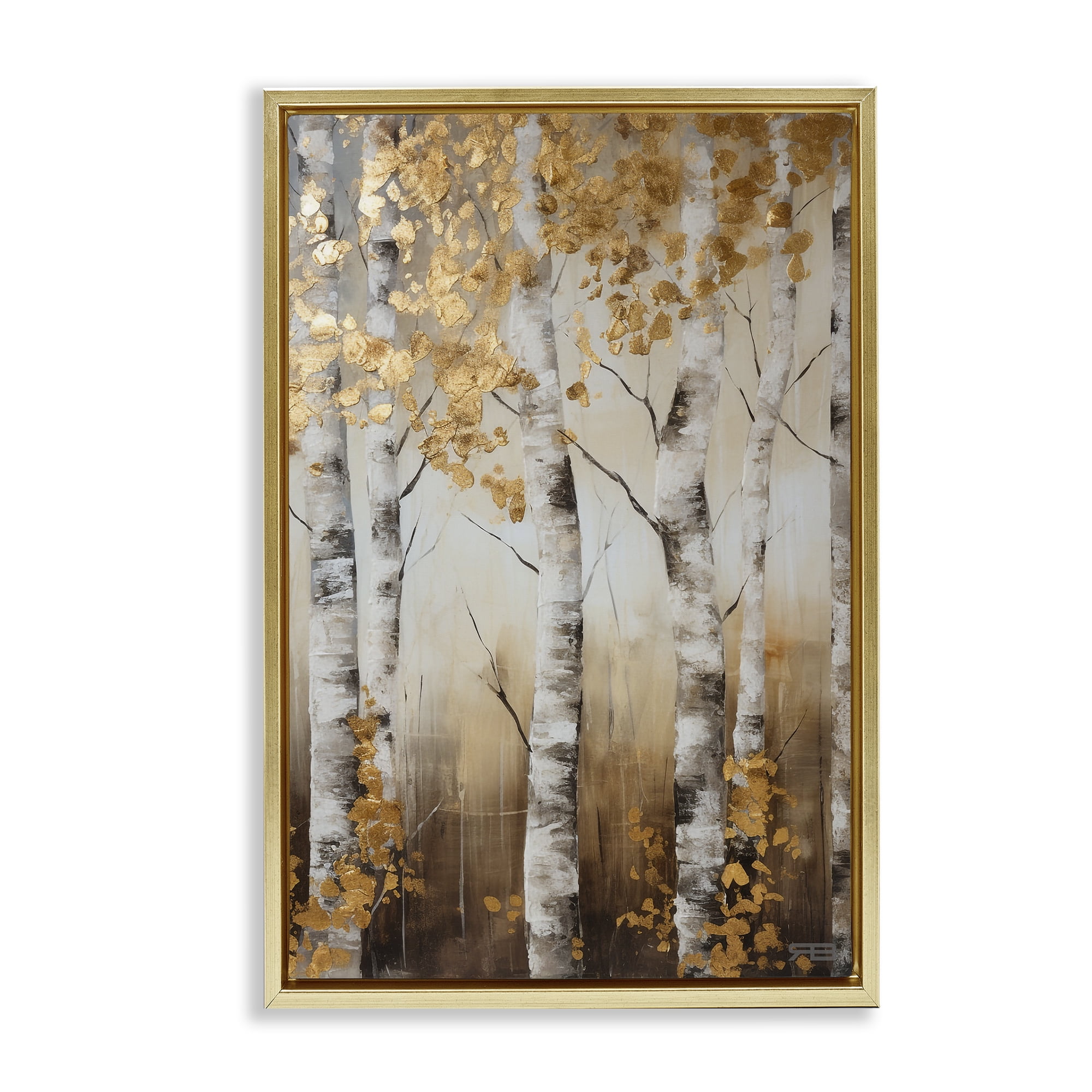 Stupell Industries Fall Foliage Birch Landscape Painting Gold Floater Framed Art Print Wall Art, 21 x 31
