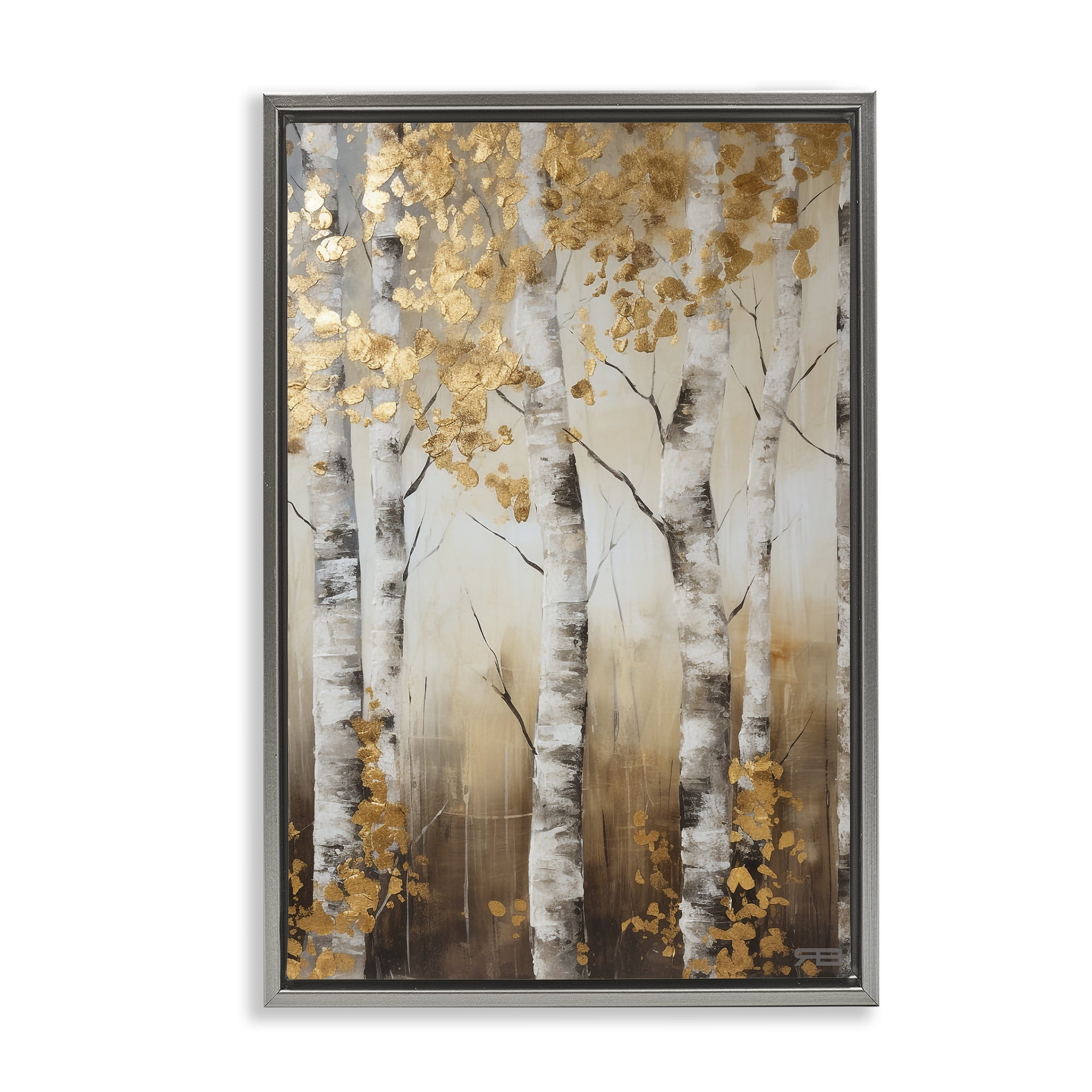 Stupell Industries Fall Foliage Birch Landscape Painting Gray Floater Framed Art Print Wall Art, 17 x 25