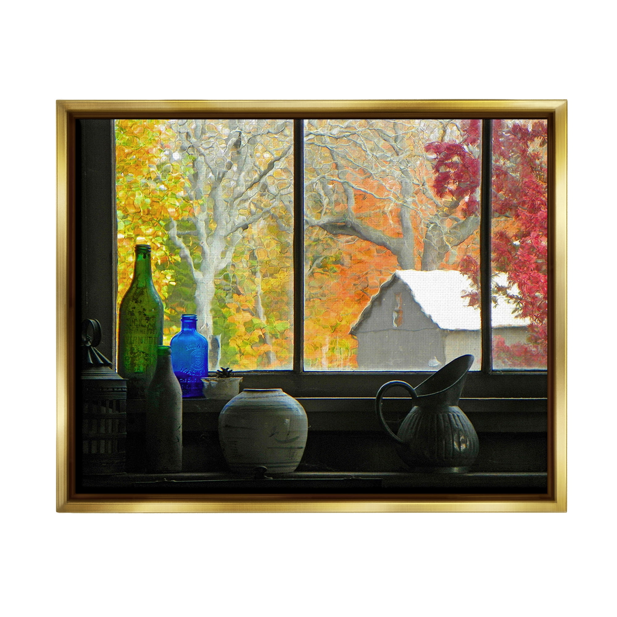 Stupell Industries Fall Foliage in Window Landscape Photography Gold Floater Framed Canvas Art Print Wall Art, 31 x 25