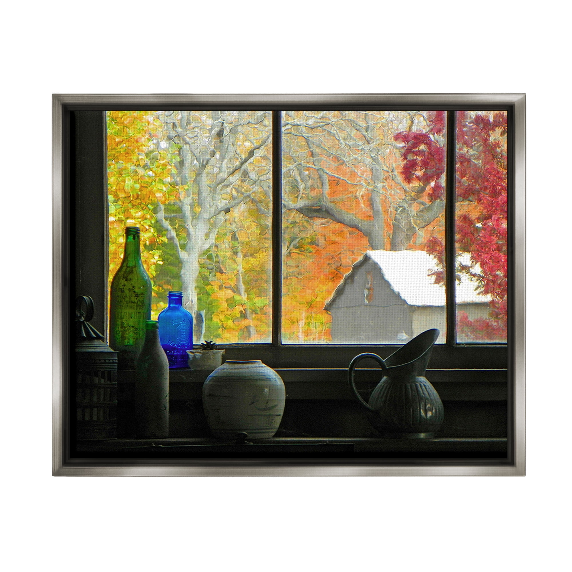 Stupell Industries Fall Foliage in Window Landscape Photography Gray Floater Framed Canvas Art Print Wall Art, 21 x 17