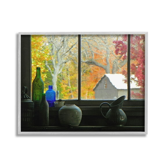 Stupell Industries Fall Foliage in Window Landscape Photography Gray Framed Art Print Wall Art, 20 x 16
