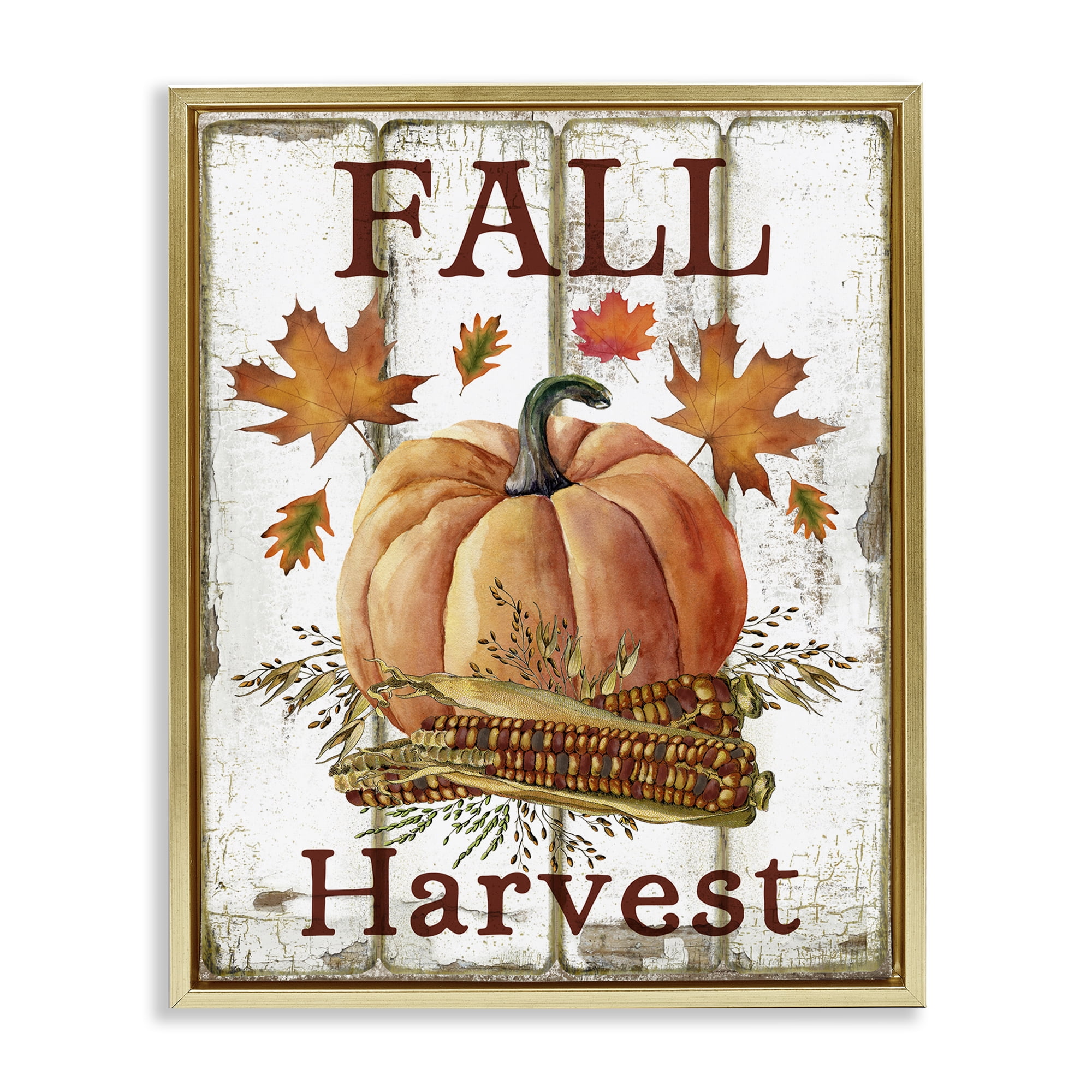 Stupell Industries Fall Harvest Pumpkin & Corn Holiday Painting Gold Floater Framed Canvas Art Prints Wall Art, 25 x 31