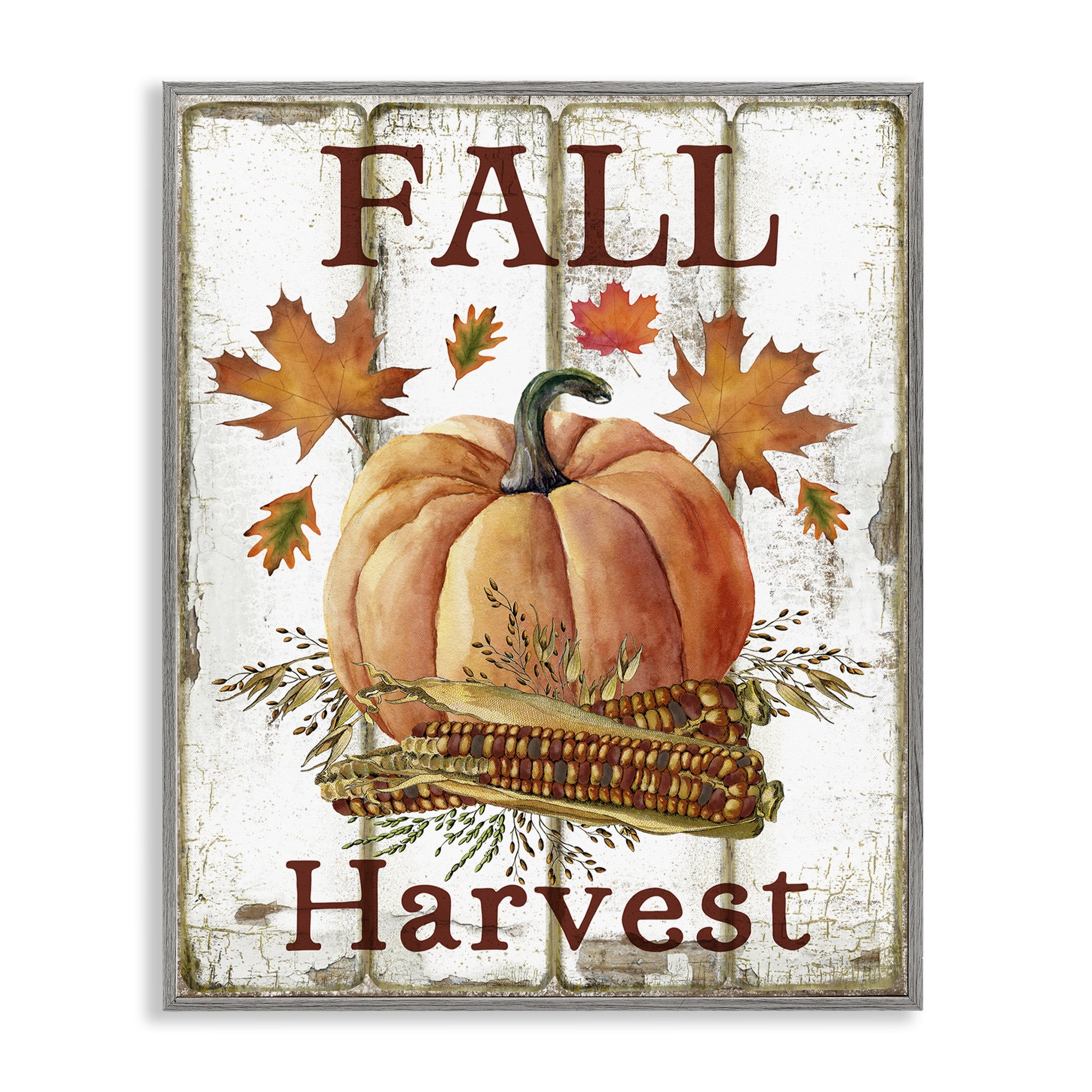 Stupell Industries Fall Harvest Pumpkin & Corn Holiday Painting Gray Framed Art Prints Wall Art, 11 x 14