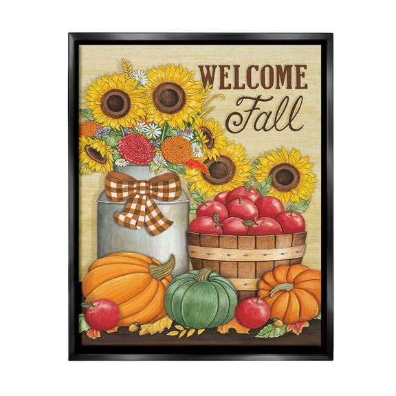 Stupell Industries Fall Harvest Welcome Phrase Botanical & Floral Painting Black Floater Framed Canvas Art Print Wall Art, 17 x 21