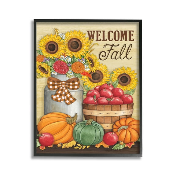 Stupell Industries Fall Harvest Welcome Phrase Botanical & Floral Painting Black Framed Art Print Wall Art, 11 x 14