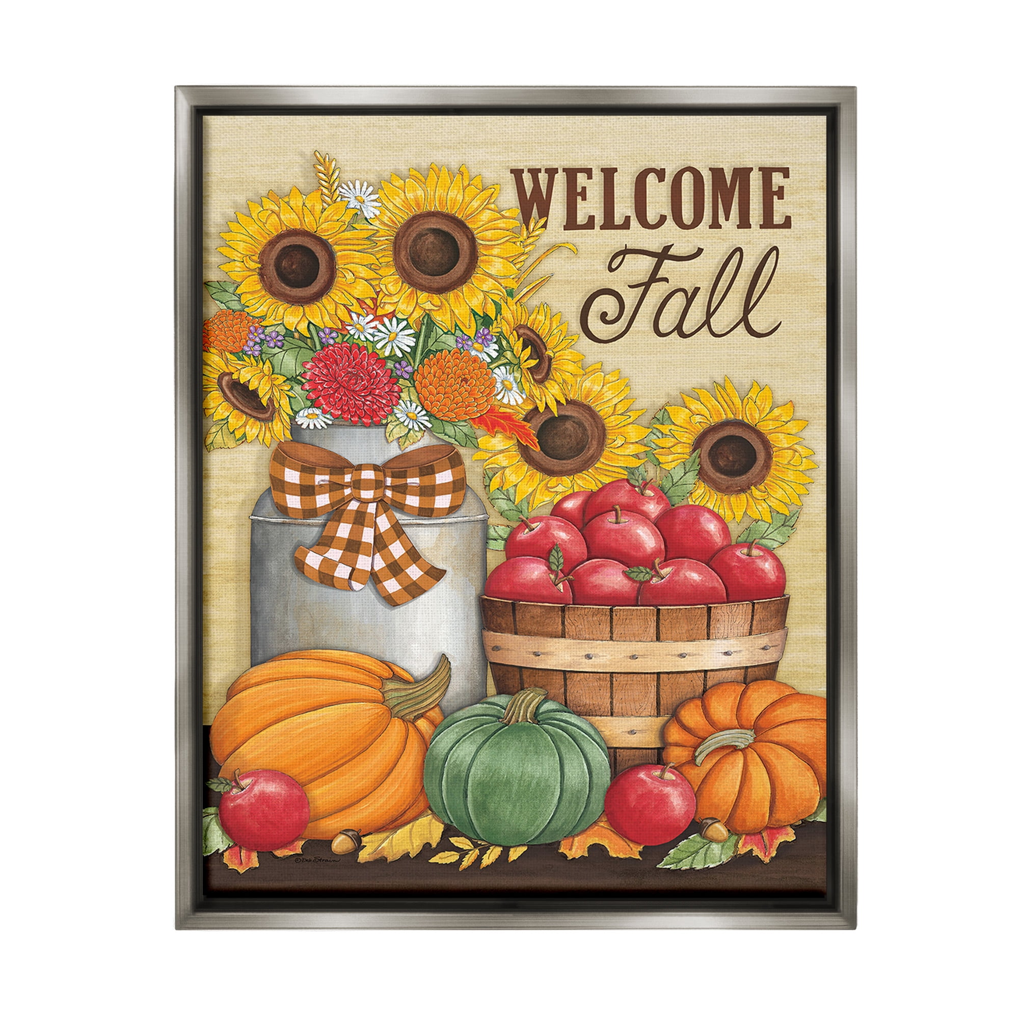 Stupell Industries Fall Harvest Welcome Phrase Botanical & Floral Painting Gray Floater Framed Canvas Art Print Wall Art, 25 x 31