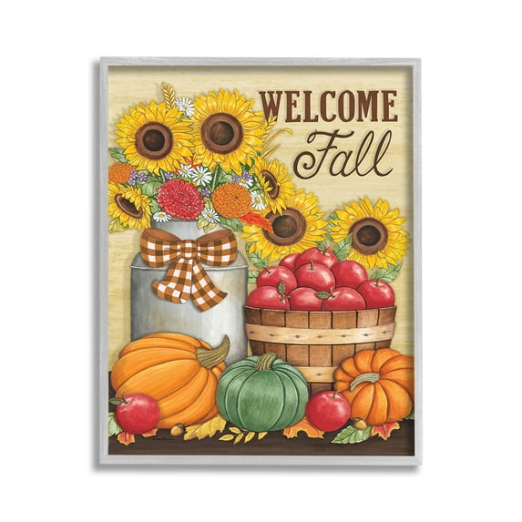 Stupell Industries Fall Harvest Welcome Phrase Botanical & Floral Painting Gray Framed Art Print Wall Art, 11 x 14