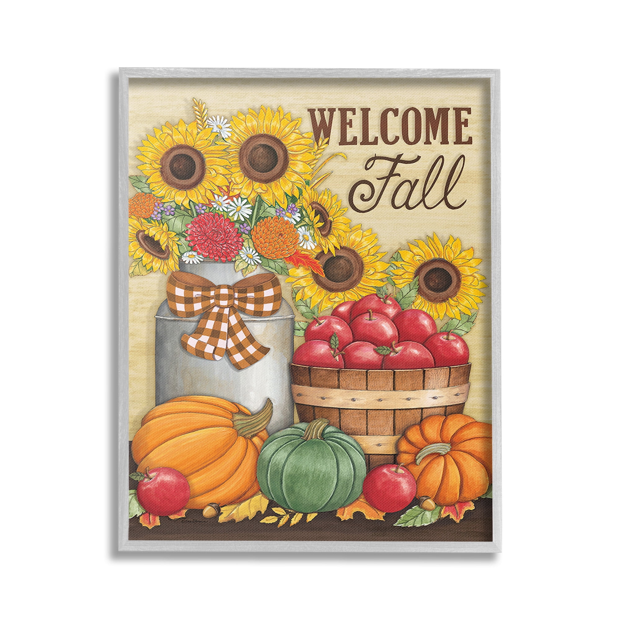 Stupell Industries Fall Harvest Welcome Phrase Botanical & Floral Painting Gray Framed Art Print Wall Art, 16 x 20