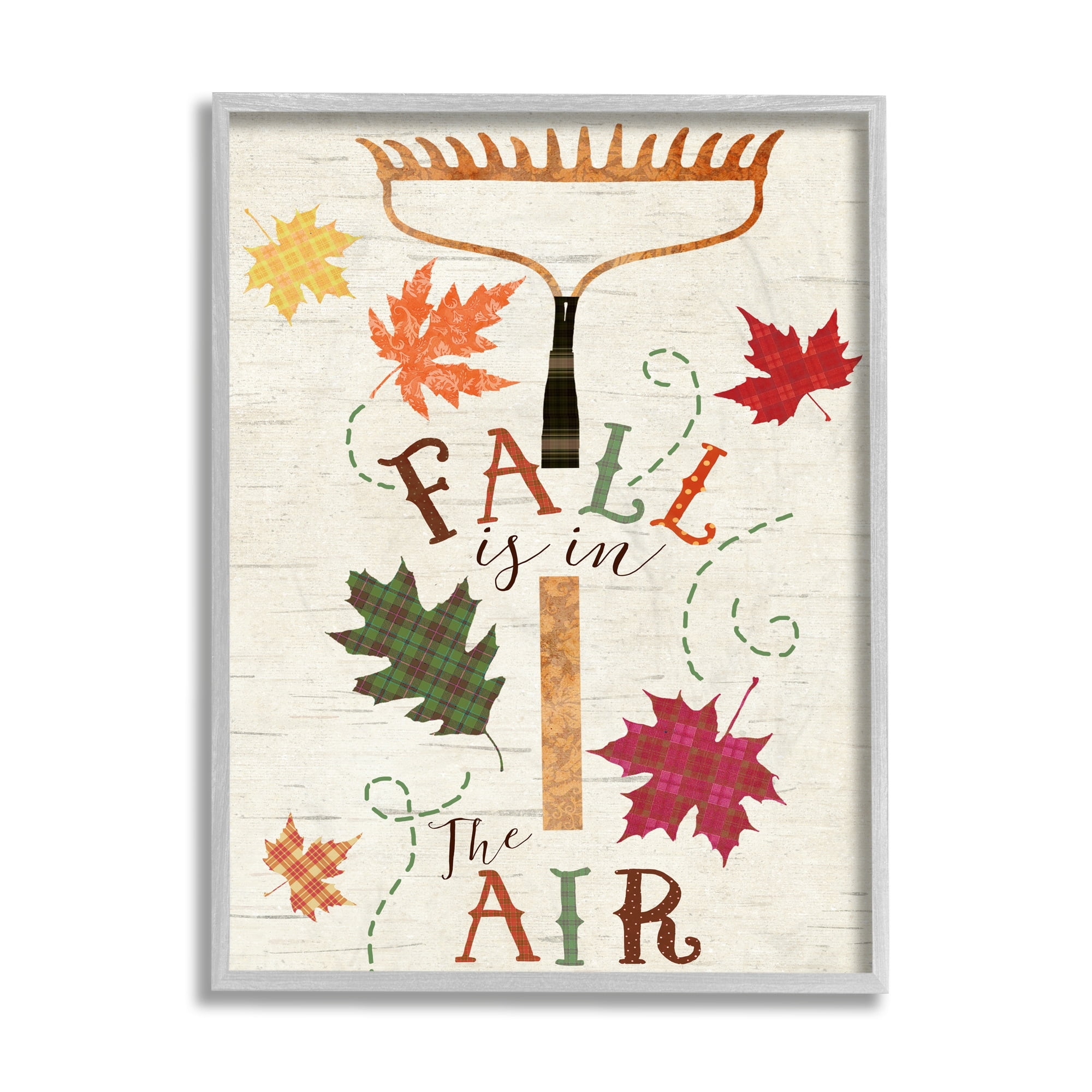 Stupell Industries Fall Is In the Air Phrase Autumn Garden Rake Landscape Painting Gray Framed Art Print Wall Art, 16 x 20