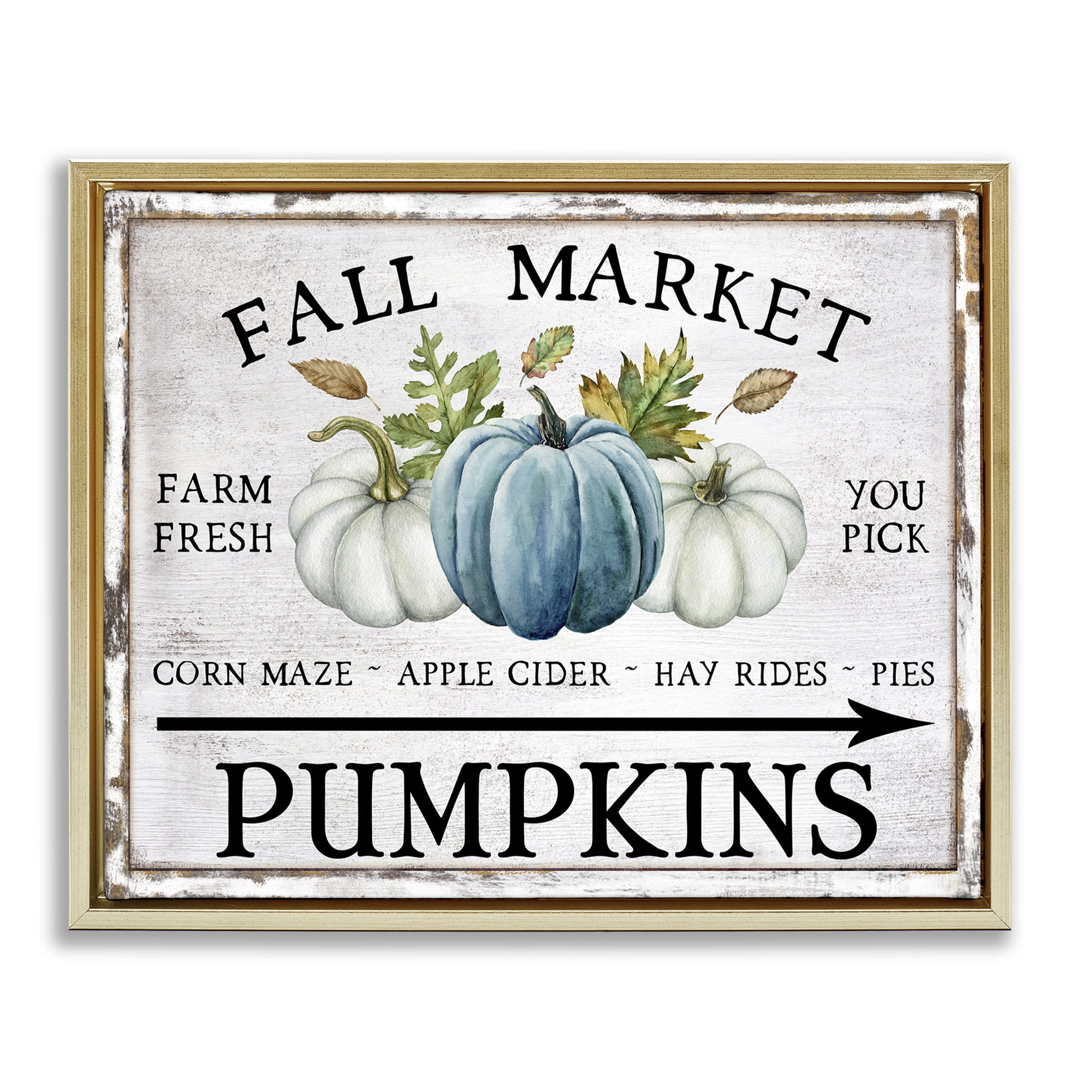 Stupell Industries Fall Market with Arrow Holiday Painting Gold Floater Framed Canvas Art Prints Wall Art, 21 x 17