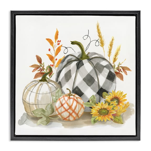 Stupell Industries Fall Patchwork Patterned Pumpkins Botanical & Floral Painting Black Floater Framed Canvas Art Print Wall Art, 25 x 25