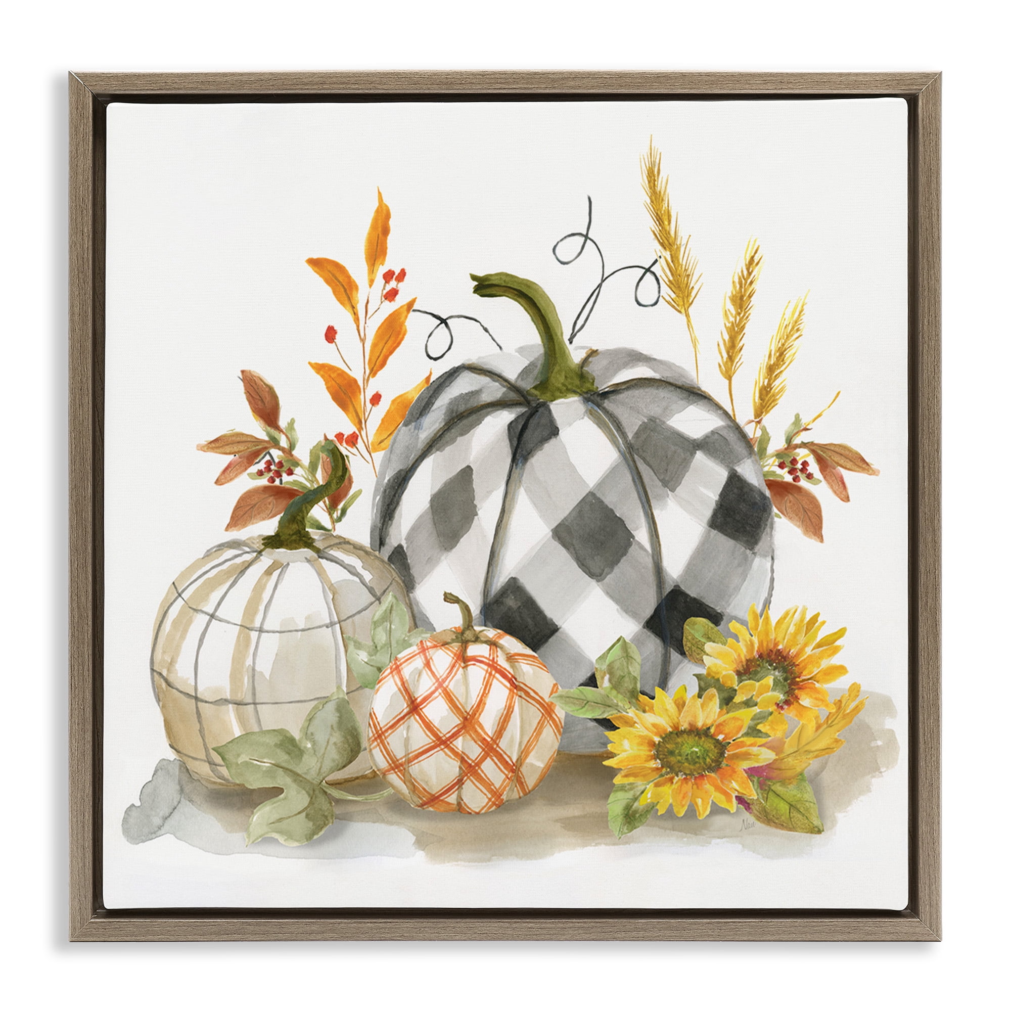 Stupell Industries Fall Patchwork Patterned Pumpkins Botanical & Floral Painting Brown Floater Framed Canvas Art Print Wall Art, 25 x 25