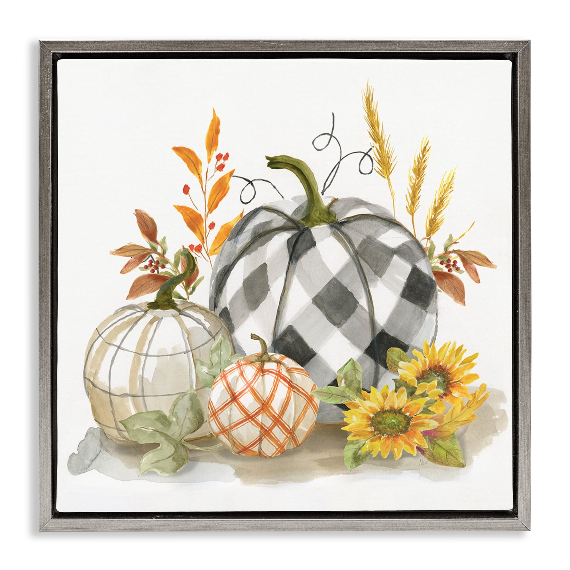 Stupell Industries Fall Patchwork Patterned Pumpkins Botanical & Floral Painting Gray Floater Framed Canvas Art Print Wall Art, 18 x 18