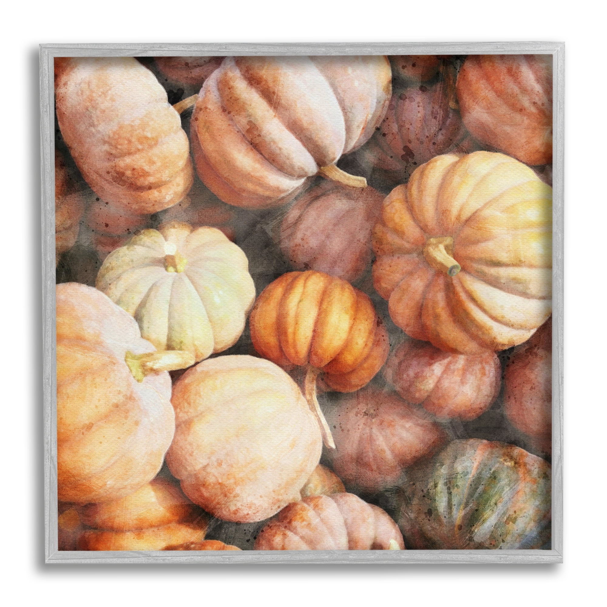 Stupell Industries Fall Pumpkins & Gourds Holiday Painting Gray Framed Art Print Wall Art, 12 x 12