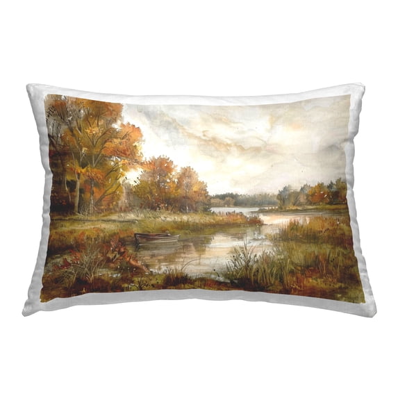 Stupell Industries Fall Scenic River Boat 14" x 20" Landscape & Nature Print Polyester Throw Pillow, Zip Closure 1 Count
