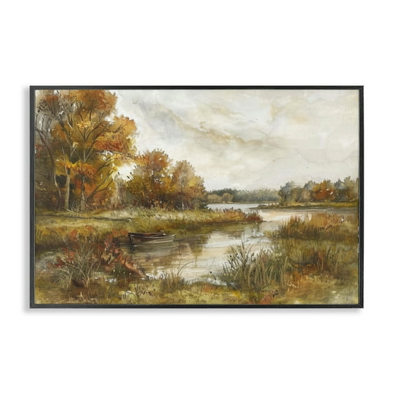 Stupell Industries Fall Scenic River Boat Landscape & Nature Painting Black Framed Art Print Wall Art, 30 x 20