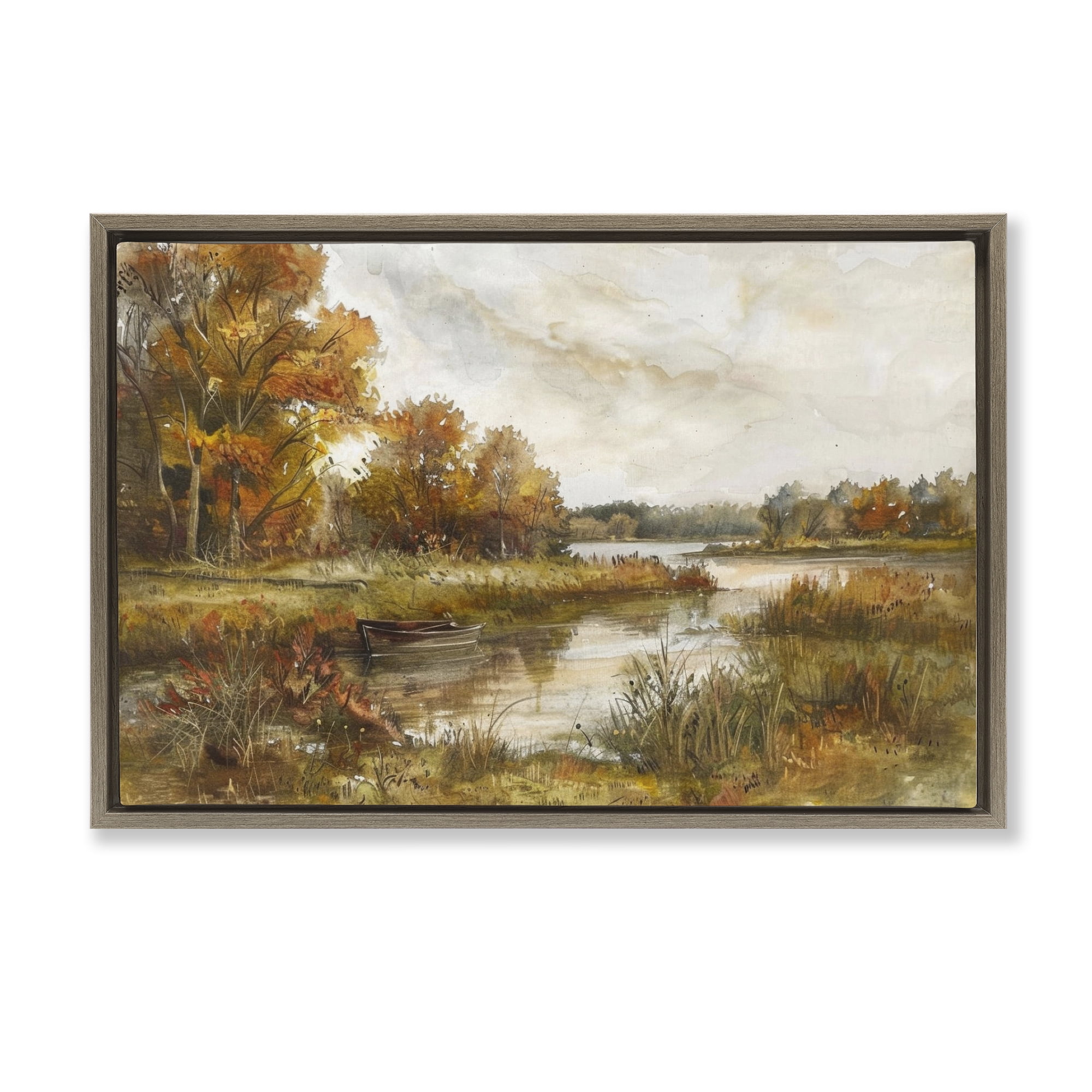 Stupell Industries Fall Scenic River Boat Landscape & Nature Painting Brown Floater Framed Canvas Art Print Wall Art, 31 x 21