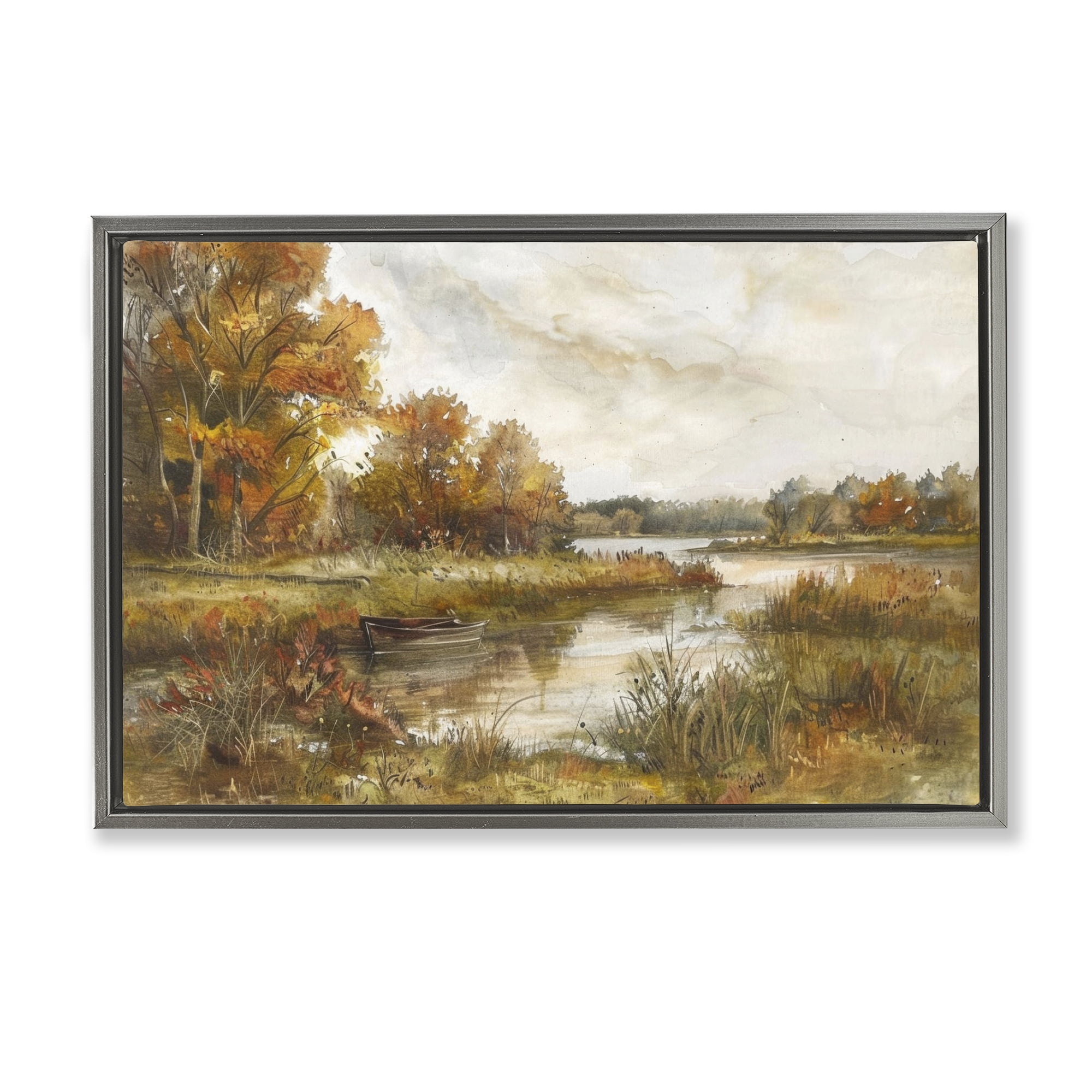 Stupell Industries Fall Scenic River Boat Landscape & Nature Painting Gray Floater Framed Canvas Art Print Wall Art, 25 x 17