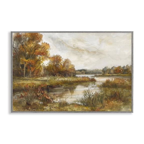 Stupell Industries Fall Scenic River Boat Landscape & Nature Painting Gray Framed Art Print Wall Art, 18 x 12