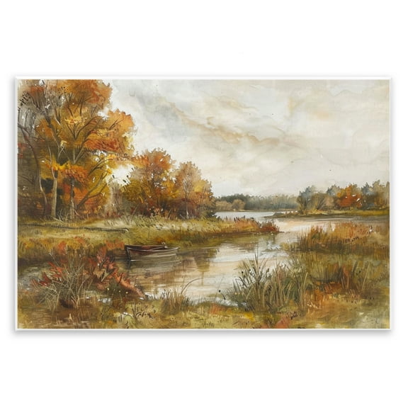 Stupell Industries Fall Scenic River Boat Landscape & Nature Painting Unframed Art Print Wall Art, 19 x 13