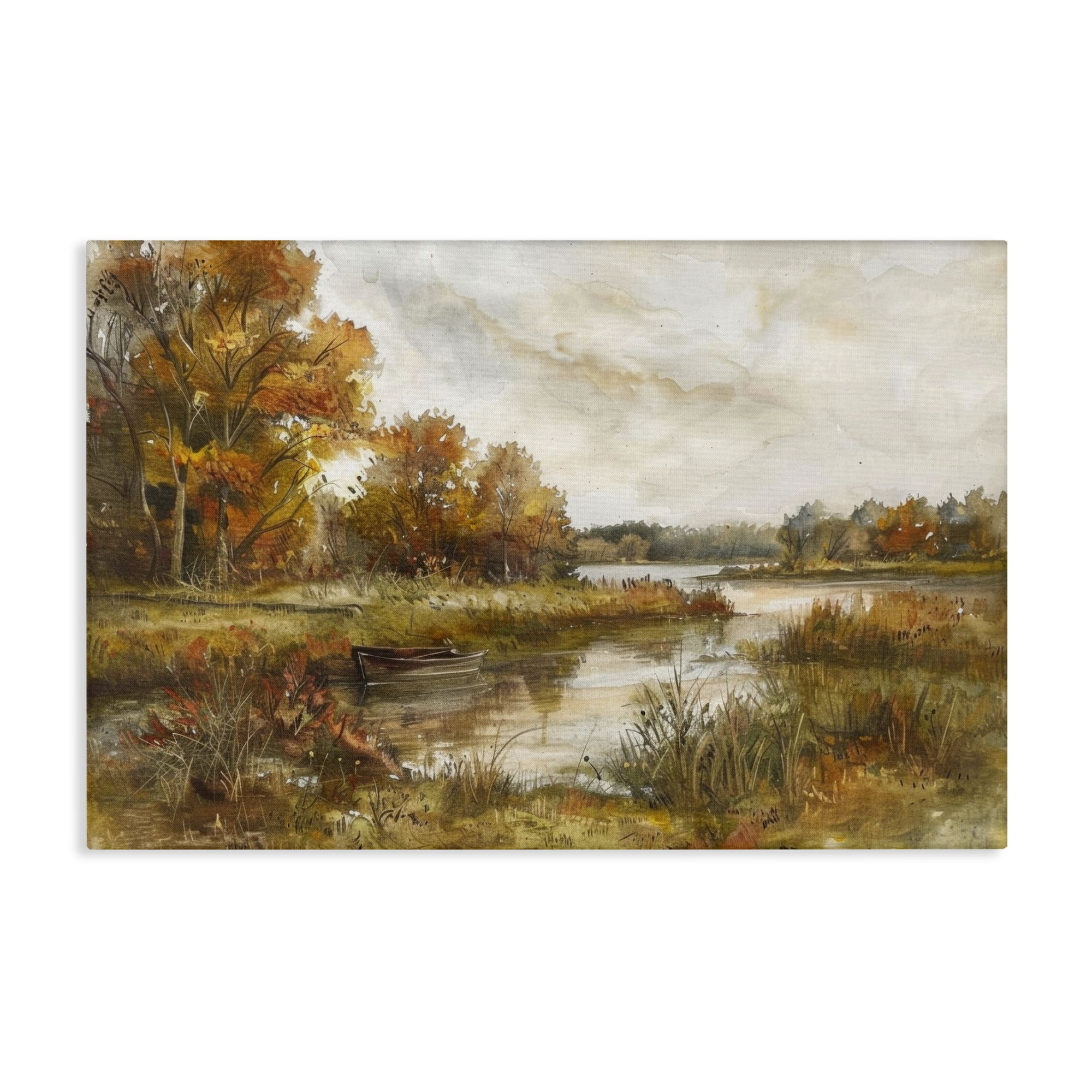 Stupell Industries Fall Scenic River Boat Landscape & Nature Painting Wrapped Canvas Art Print Wall Art, 24 x 16