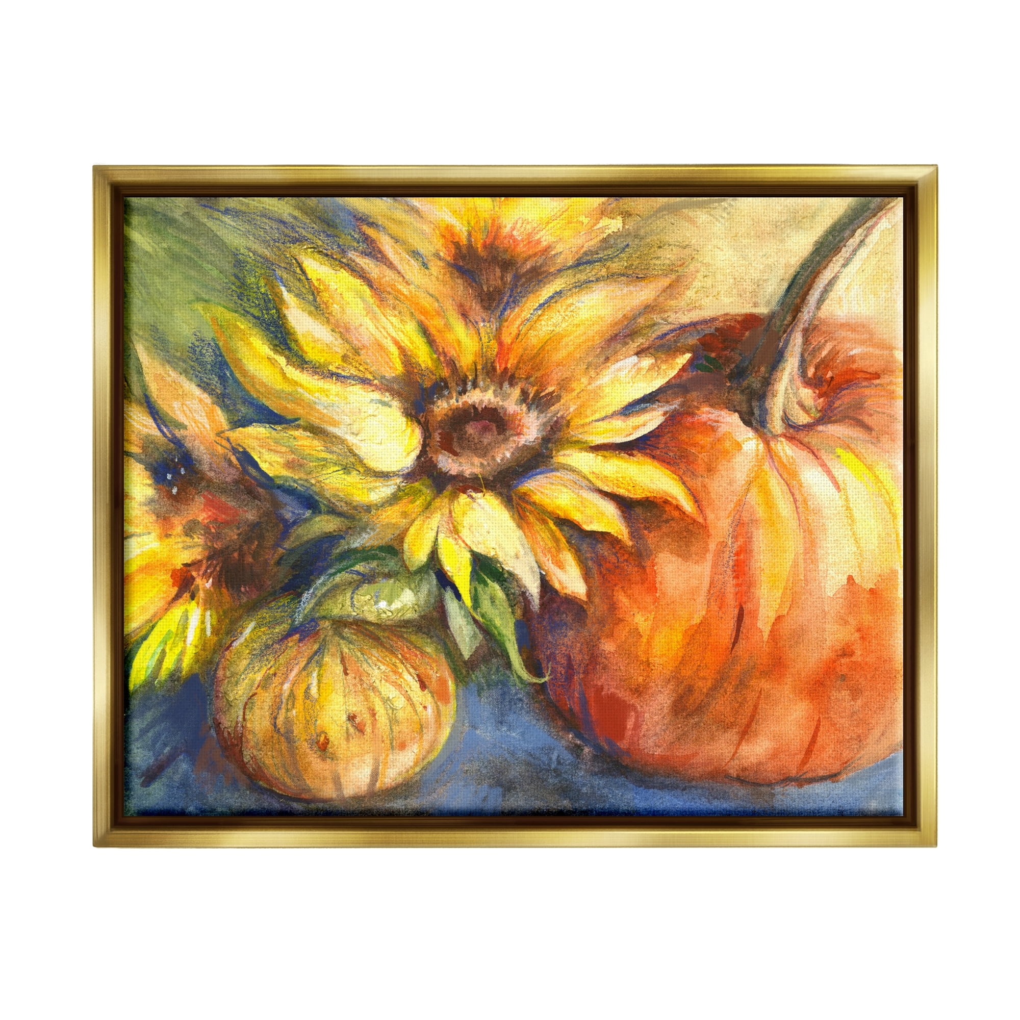 Stupell Industries Fall Sunflowers & Gourds Botanical & Floral Painting Gold Floater Framed Canvas Art Print Wall Art, 31 x 25