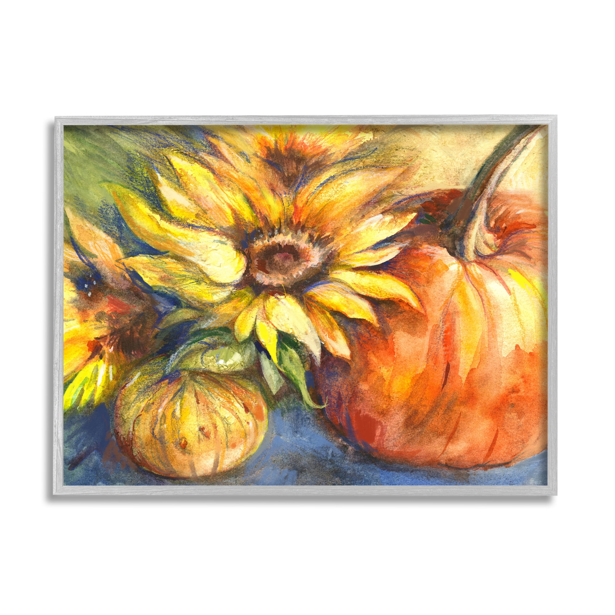 Stupell Industries Fall Sunflowers & Gourds Botanical & Floral Painting Gray Framed Art Print Wall Art, 14 x 11