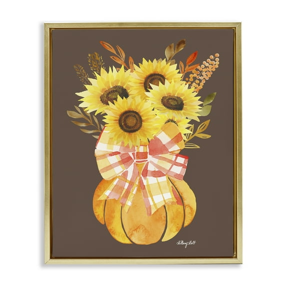 Stupell Industries Fall Sunflowers Pumpkin Bouquet Gold Framed Floater Canvas Wall Art design by Hillary Holt, 31 x 25
