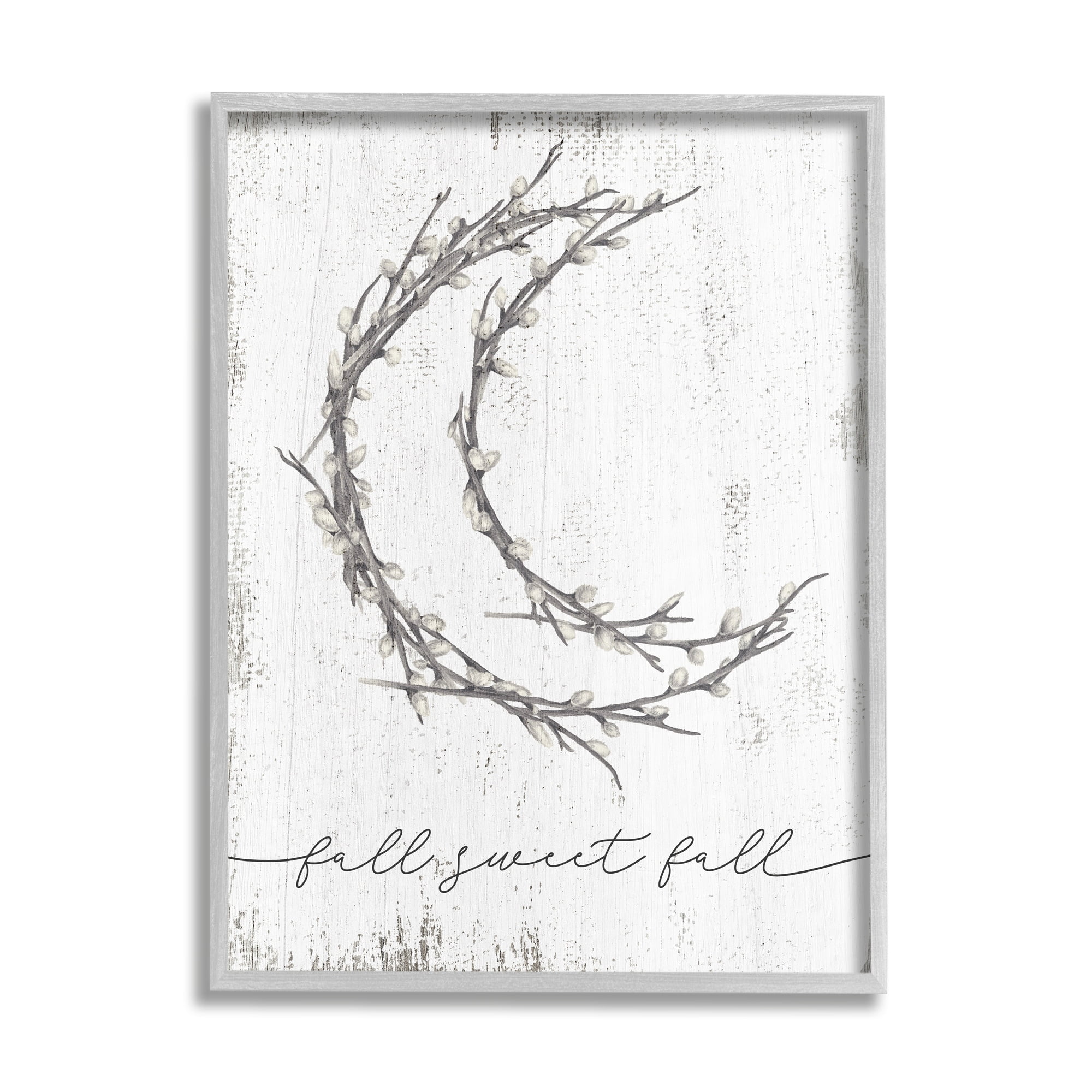 Stupell Industries Fall Sweet Fall Greeting Pussywillow Crescent Moon Graphic Art Gray Framed Art Print Wall Art, 16x20, by Daphne Polselli