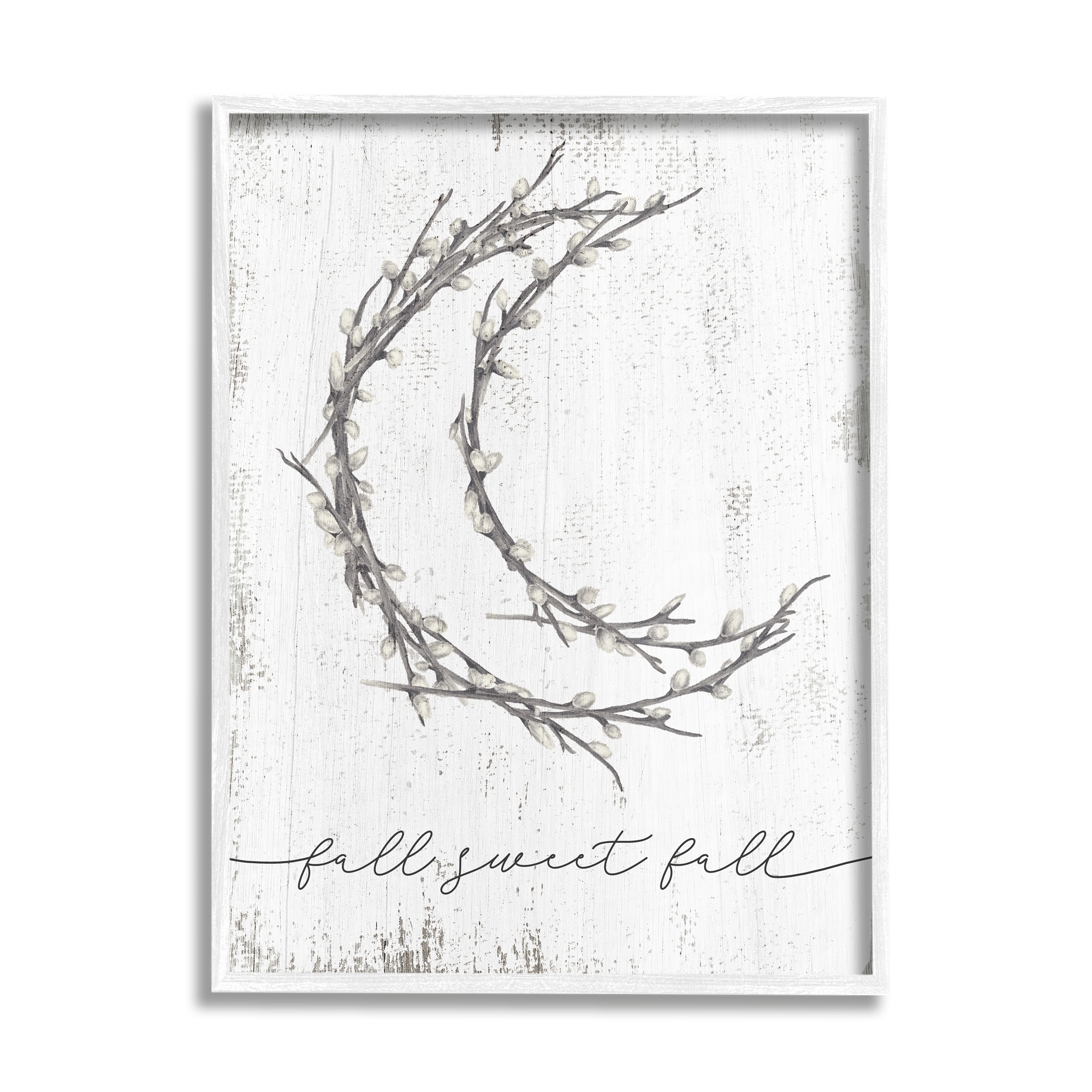 Stupell Industries Fall Sweet Fall Greeting Pussywillow Crescent Moon Graphic Art White Framed Art Print Wall Art, 24x30, by Daphne Polselli