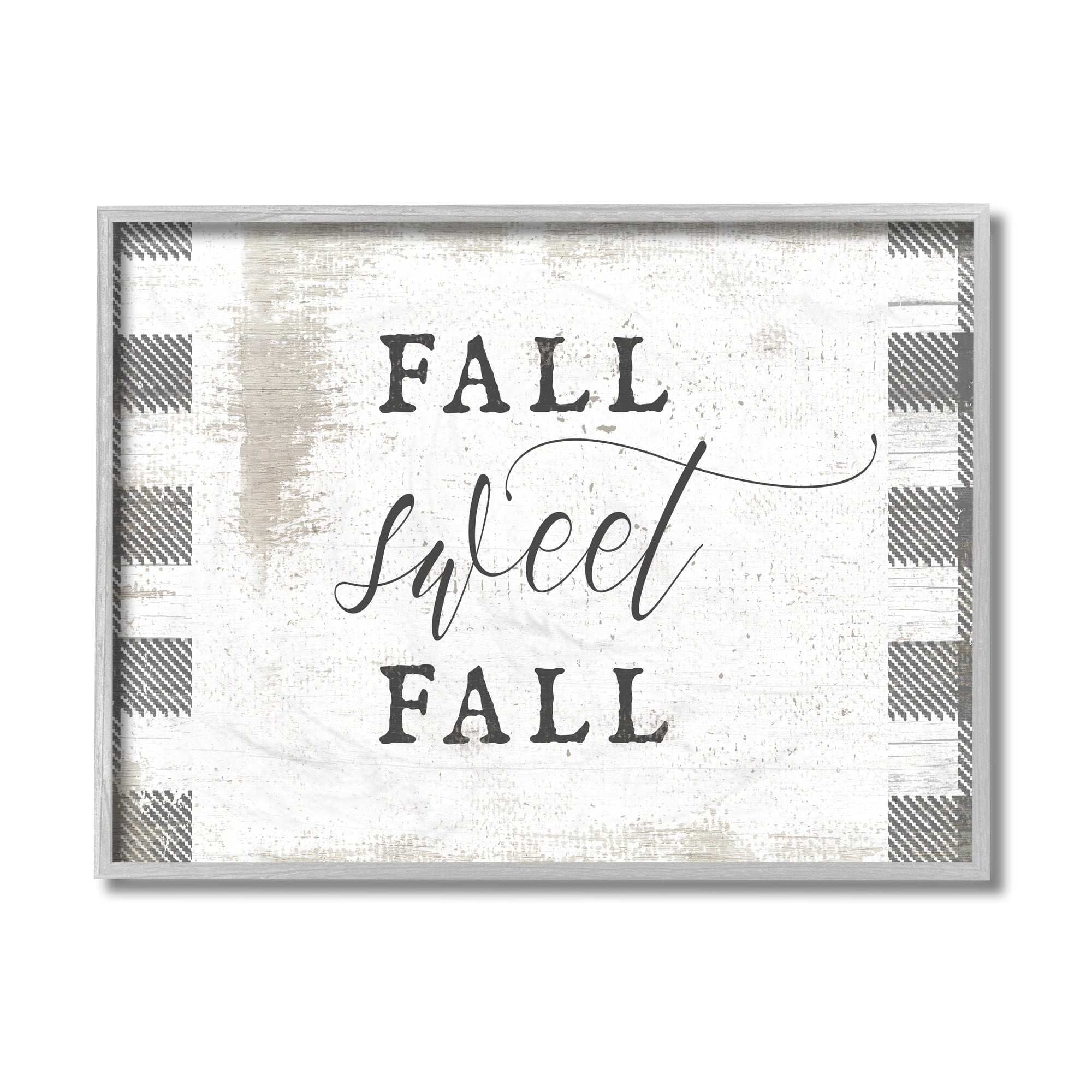 Stupell Industries Fall Sweet Fall Phrase Checkered Plaid Border Landscape Painting Gray Framed Art Print Wall Art, 11 x 14
