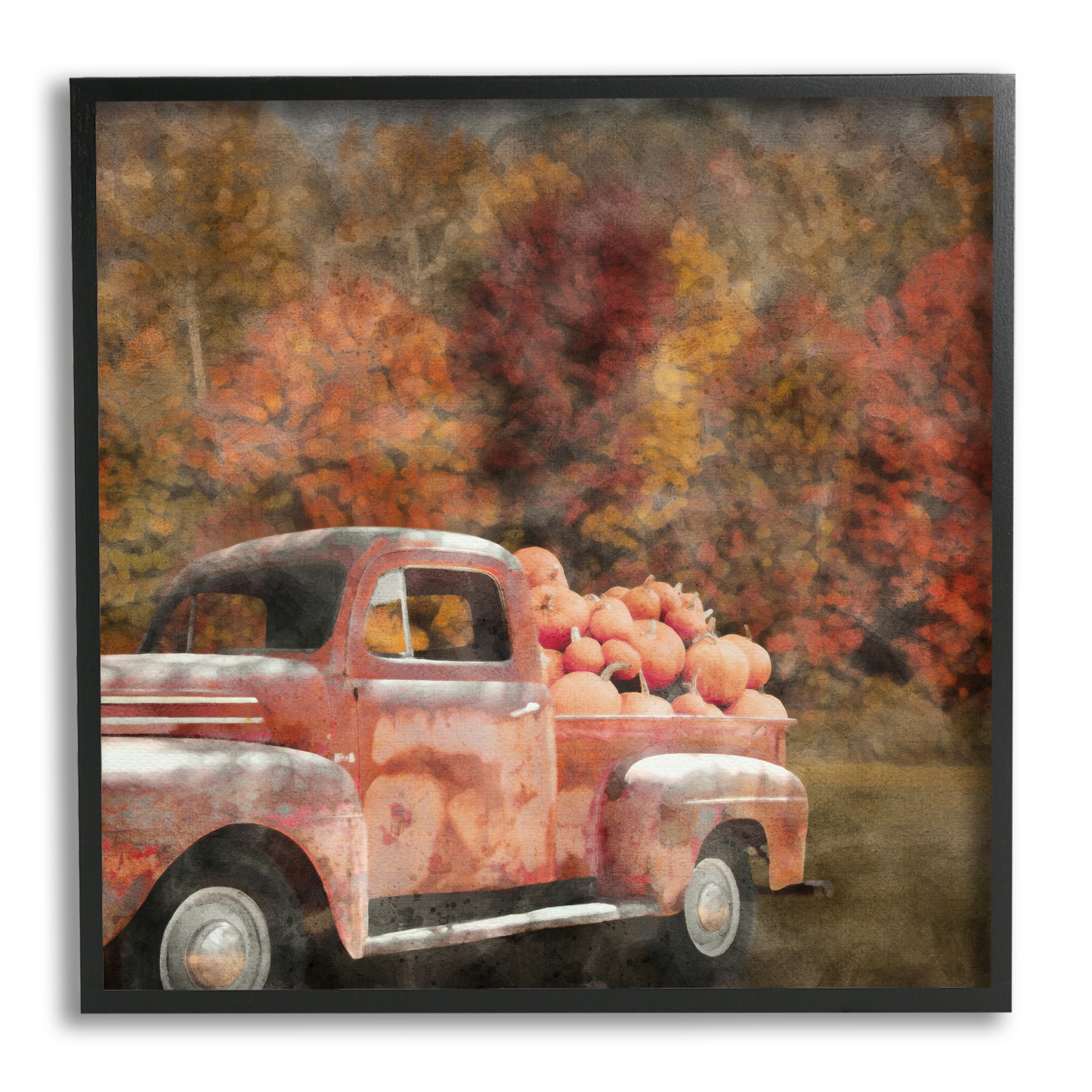Stupell Industries Fall Truck with Pumpkins Holiday Painting Black Framed Art Print Wall Art, 12 x 12