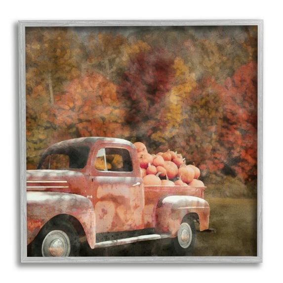 Stupell Industries Fall Truck with Pumpkins Holiday Painting Gray Framed Art Print Wall Art, 12 x 12