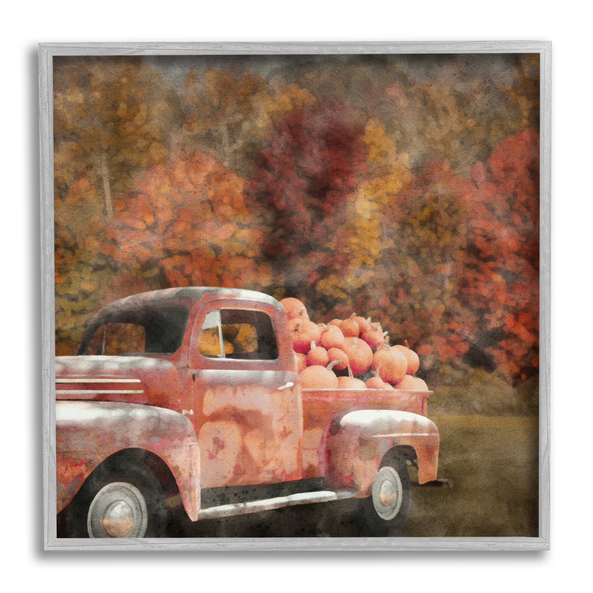 Stupell Industries Fall Truck with Pumpkins Holiday Painting Gray Framed Art Print Wall Art, 24 x 24