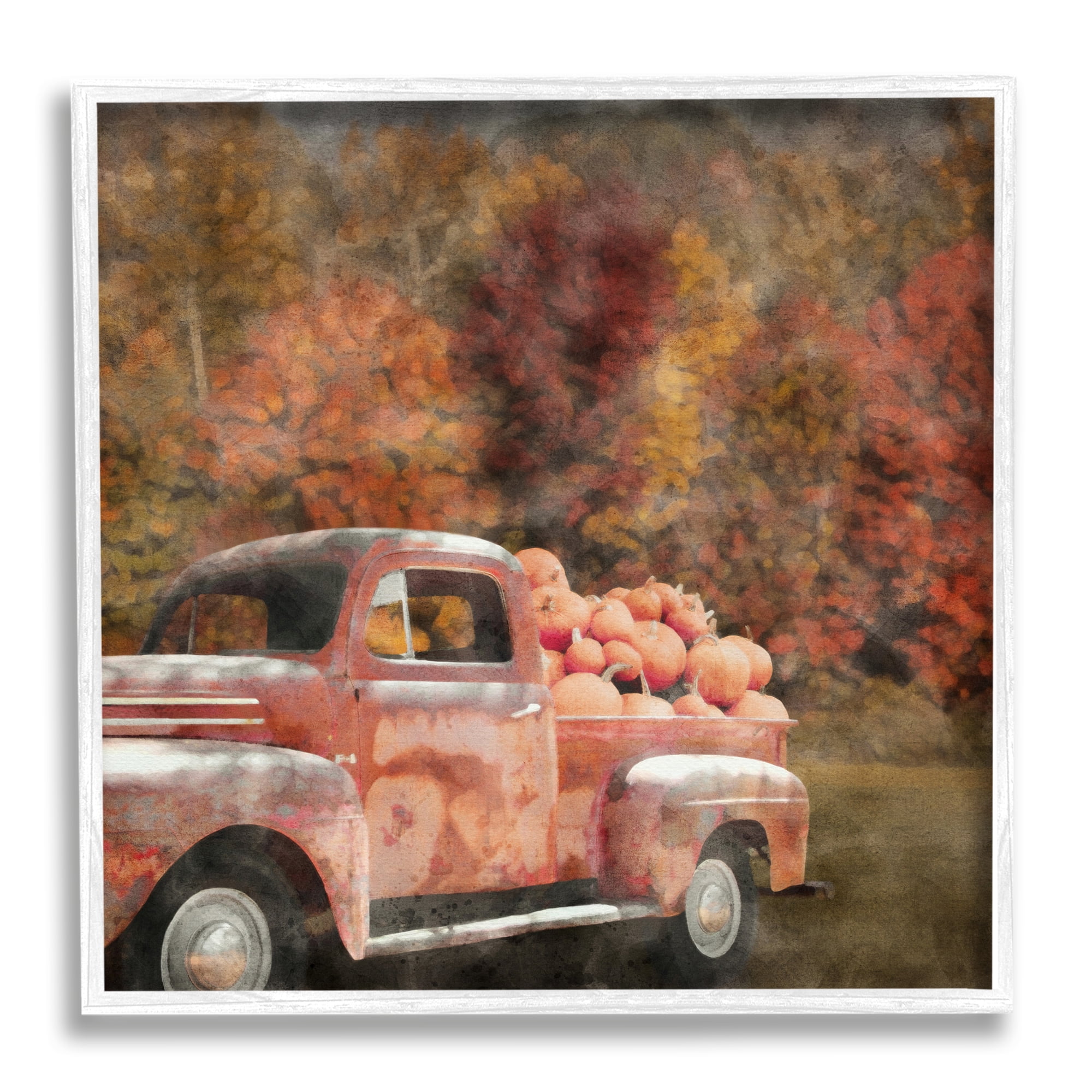 Stupell Industries Fall Truck with Pumpkins Holiday Painting White Framed Art Print Wall Art, 12 x 12