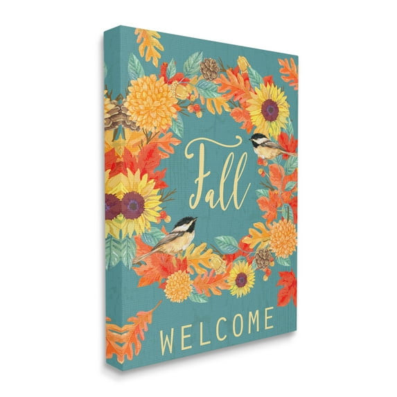 Stupell Industries Fall Welcome Autumn Harvest Wreath Birds Canvas Design by Andrea Tachiera