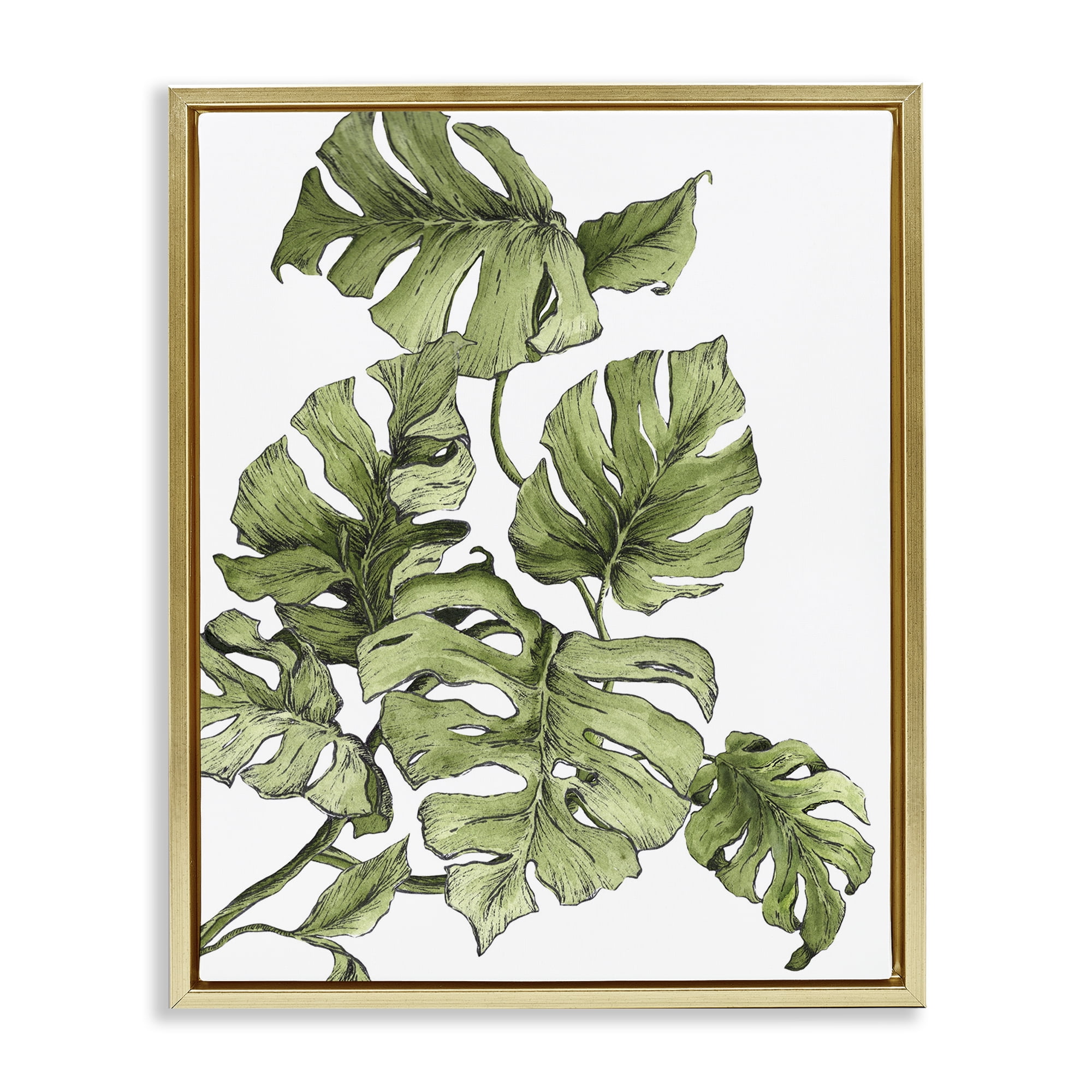 Stupell Industries Falling Monstera Leaves Botanical & Floral Painting Gold Floater Framed Art Print Wall Art, 17 x 21