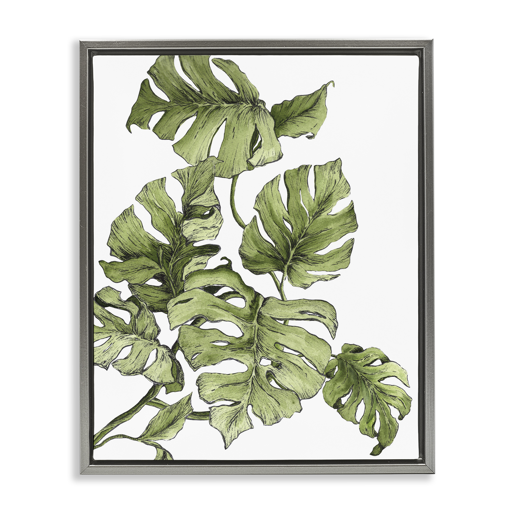 Stupell Industries Falling Monstera Leaves Botanical & Floral Painting Gray Floater Framed Art Print Wall Art, 17 x 21