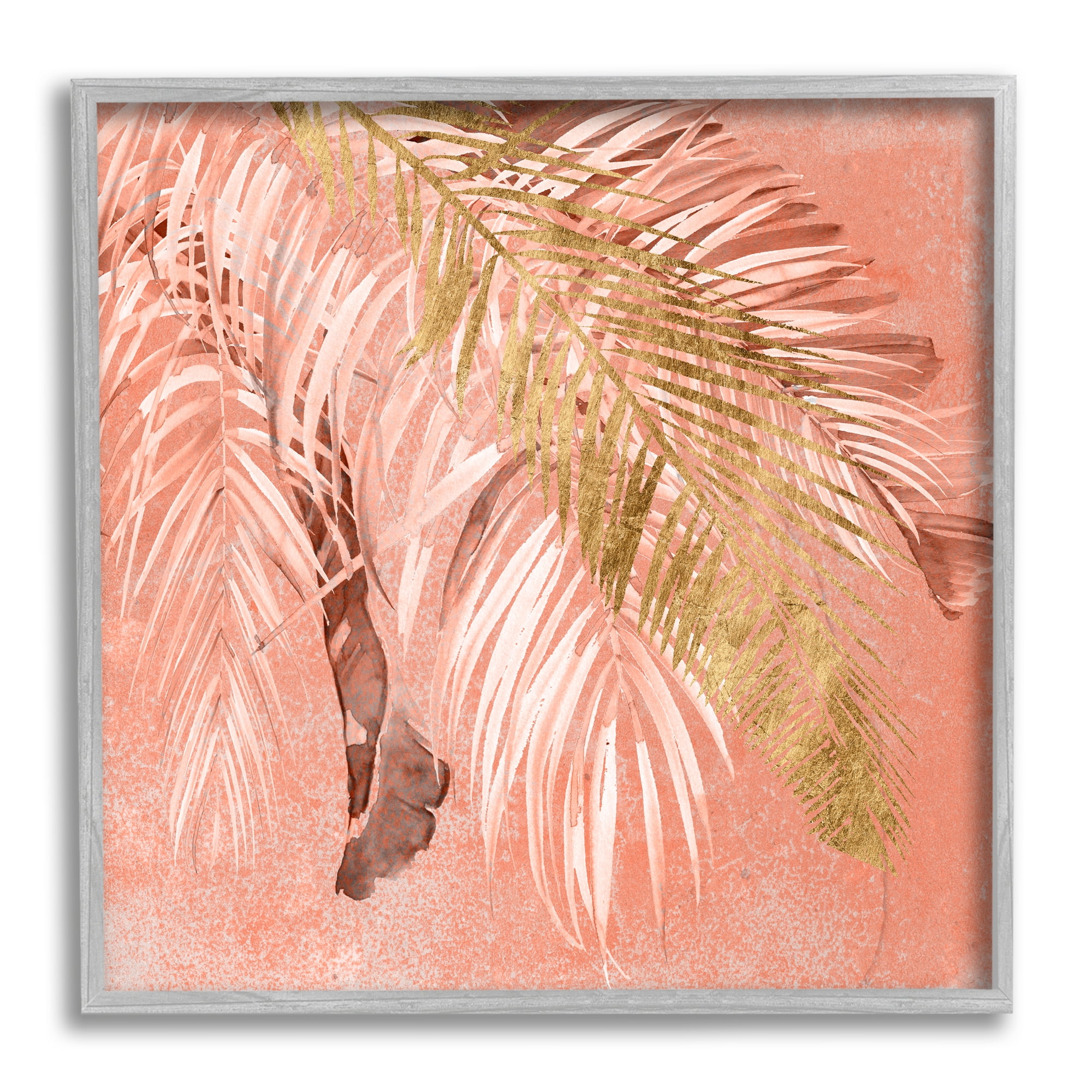 Stupell Industries Falling Palm Tree Fronds Tropical Pink Plants Landscape Painting Gray Framed Art Print Wall Art, 12 x 12