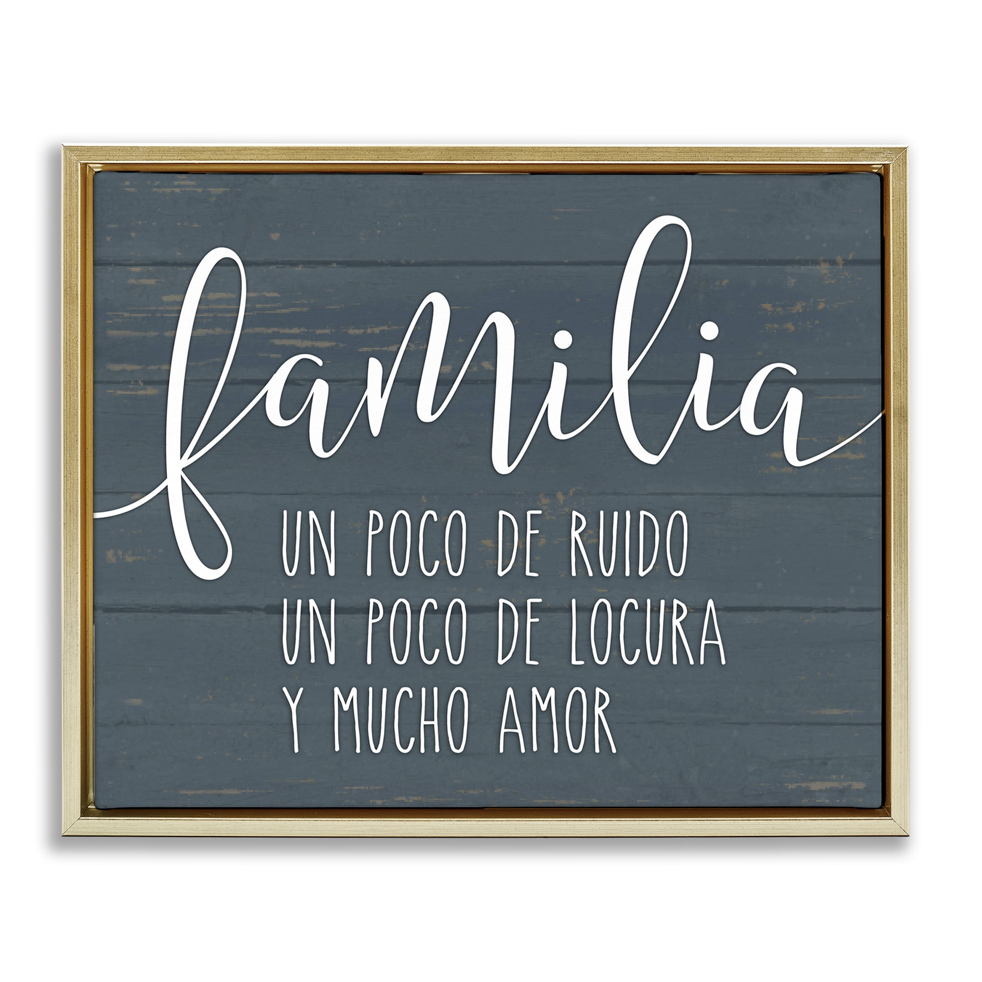 Stupell Industries Familia Y Mucho Amor Inspirational Quotes & Sayings Painting Gold Floater Framed Art Print Wall Art, 21 x 17