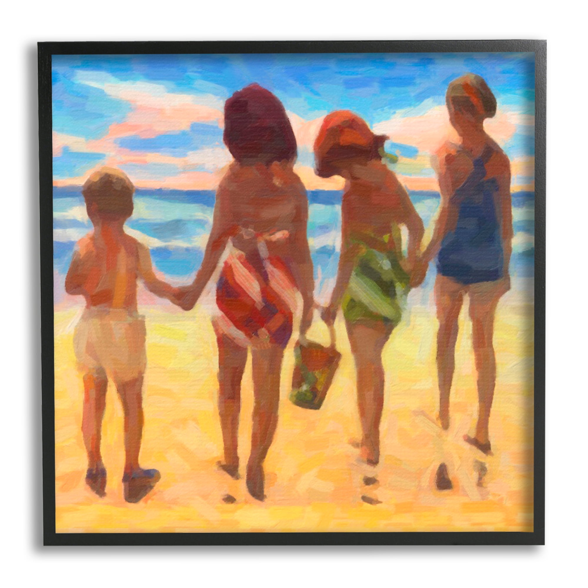Family Beach Vacation Landscape Print on Canvas with Black Frame, 17 x 17