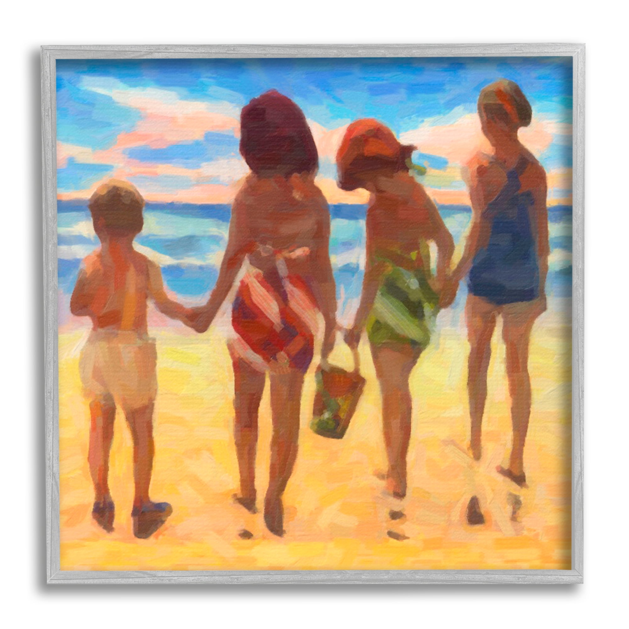 Stupell Industries Family Beach Vacation Nature Painting Gray Framed Art Print Wall Art, 12 x 12