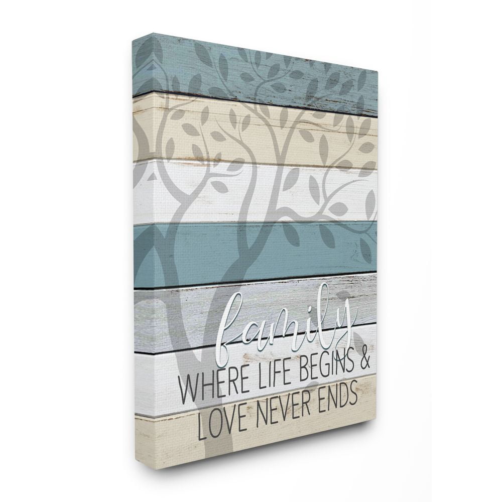 Stupell Industries Family Begin and End Quote Tree Wood Grain Blue Tan Phrase Canvas Wall Art Design by Kim Allen, 30" x 40"