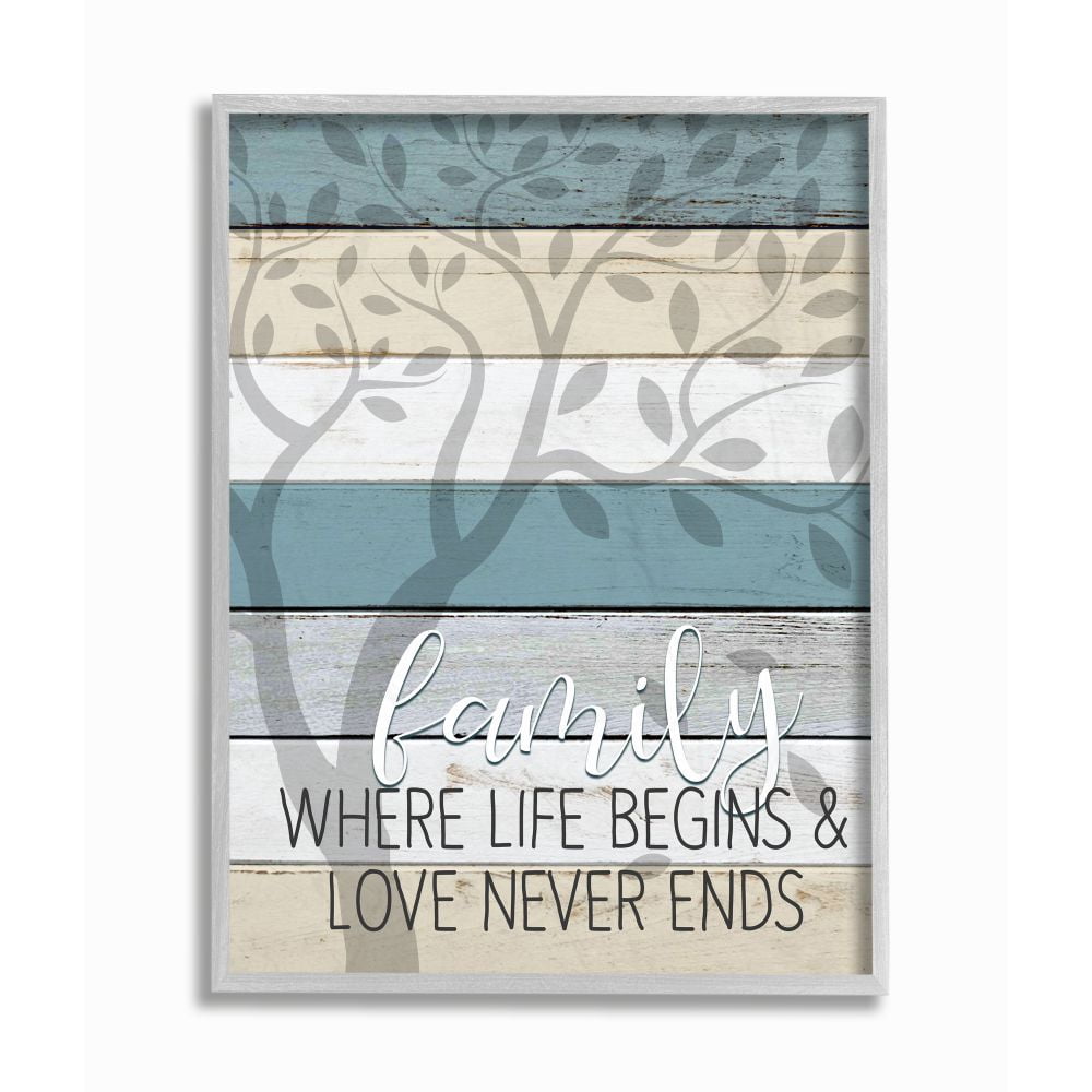 Stupell Industries Family Begin and End Quote Tree Wood Grain Blue Tan Phrase Framed Wall Art Design by Kim Allen, 11" x 14", Gray Framed
