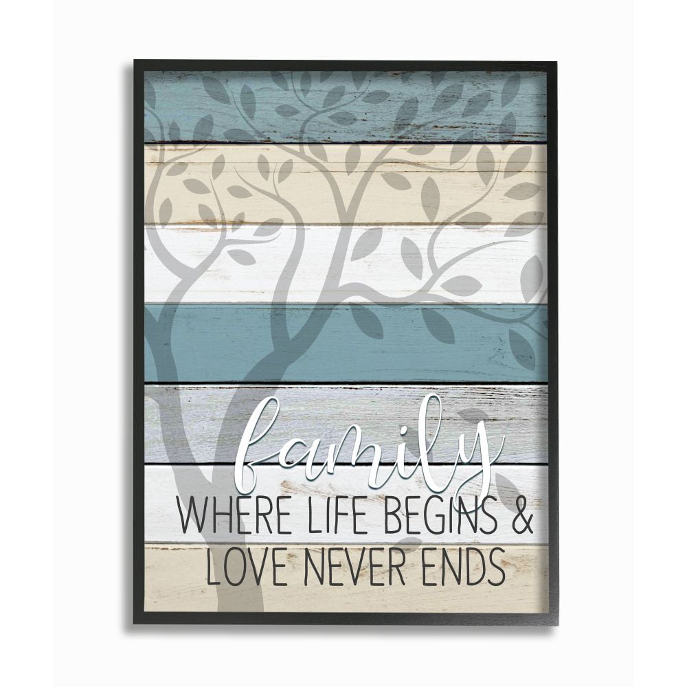 Stupell Industries Family Begin and End Quote Tree Wood Grain Blue Tan Phrase Framed Wall Art Design by Kim Allen, 16" x 20", Black Framed